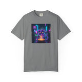 Neon Cyberpunk Cat Mystic Bowl T-shirt | Retro Futuristic Alley Art