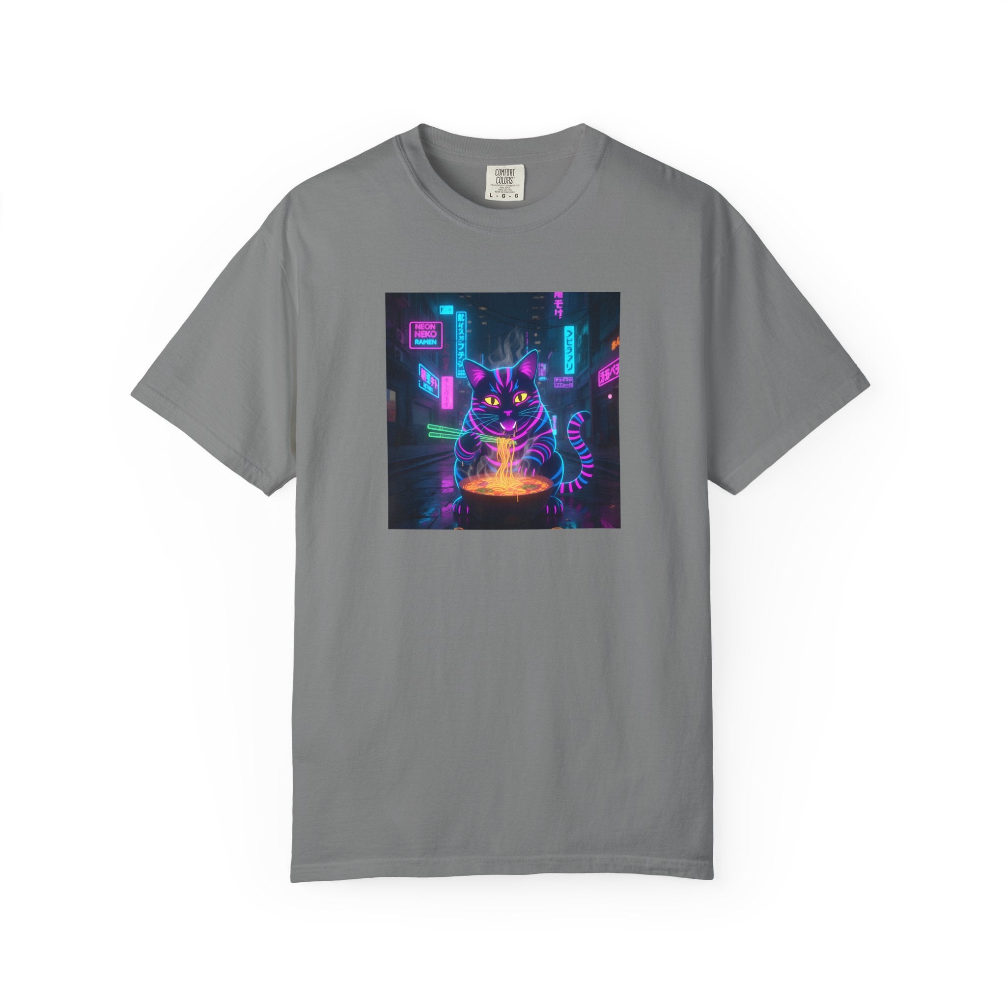 Neon Cyberpunk Cat Mystic Bowl T-shirt | Retro Futuristic Alley Art