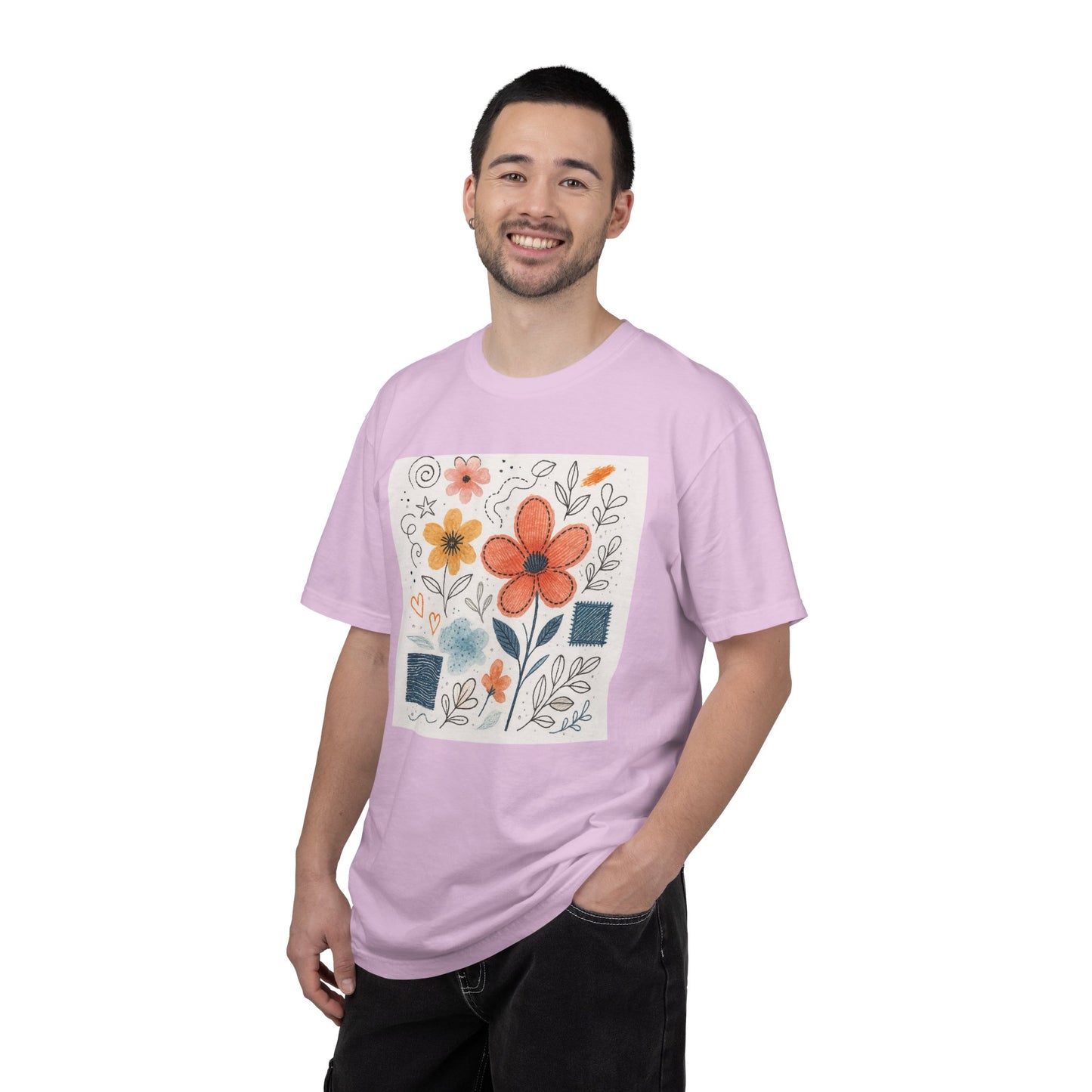 Hand-drawn Watercolor Floral Doodles T-shirt | Linocut & Embroidery Texture
