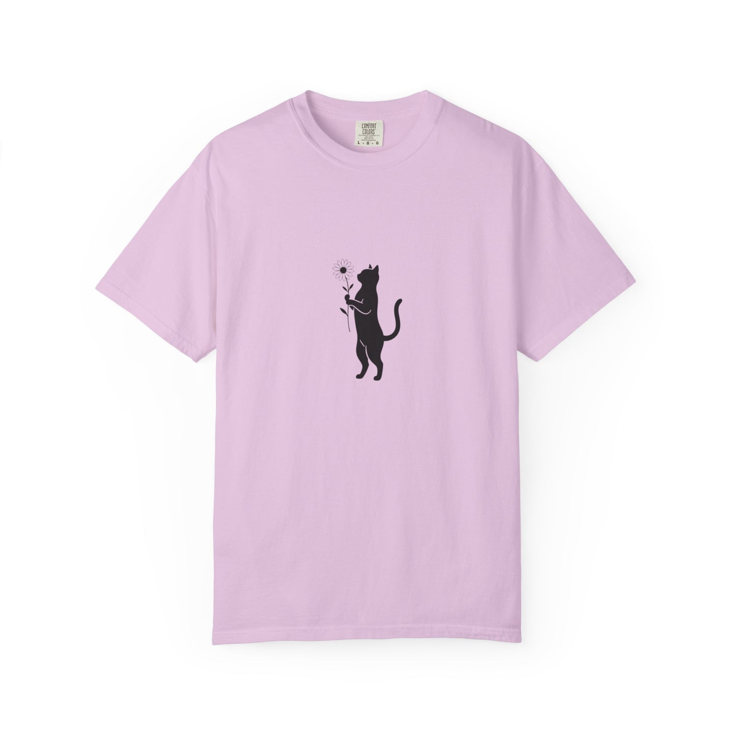 Black Cat Holding Flower T-Shirt | Minimal Cat Silhouette Tee