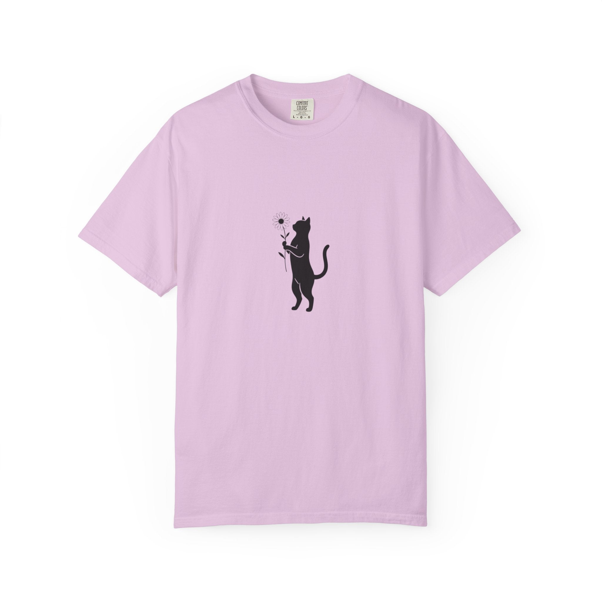 Black Cat Holding Flower T-Shirt | Minimal Cat Silhouette Tee