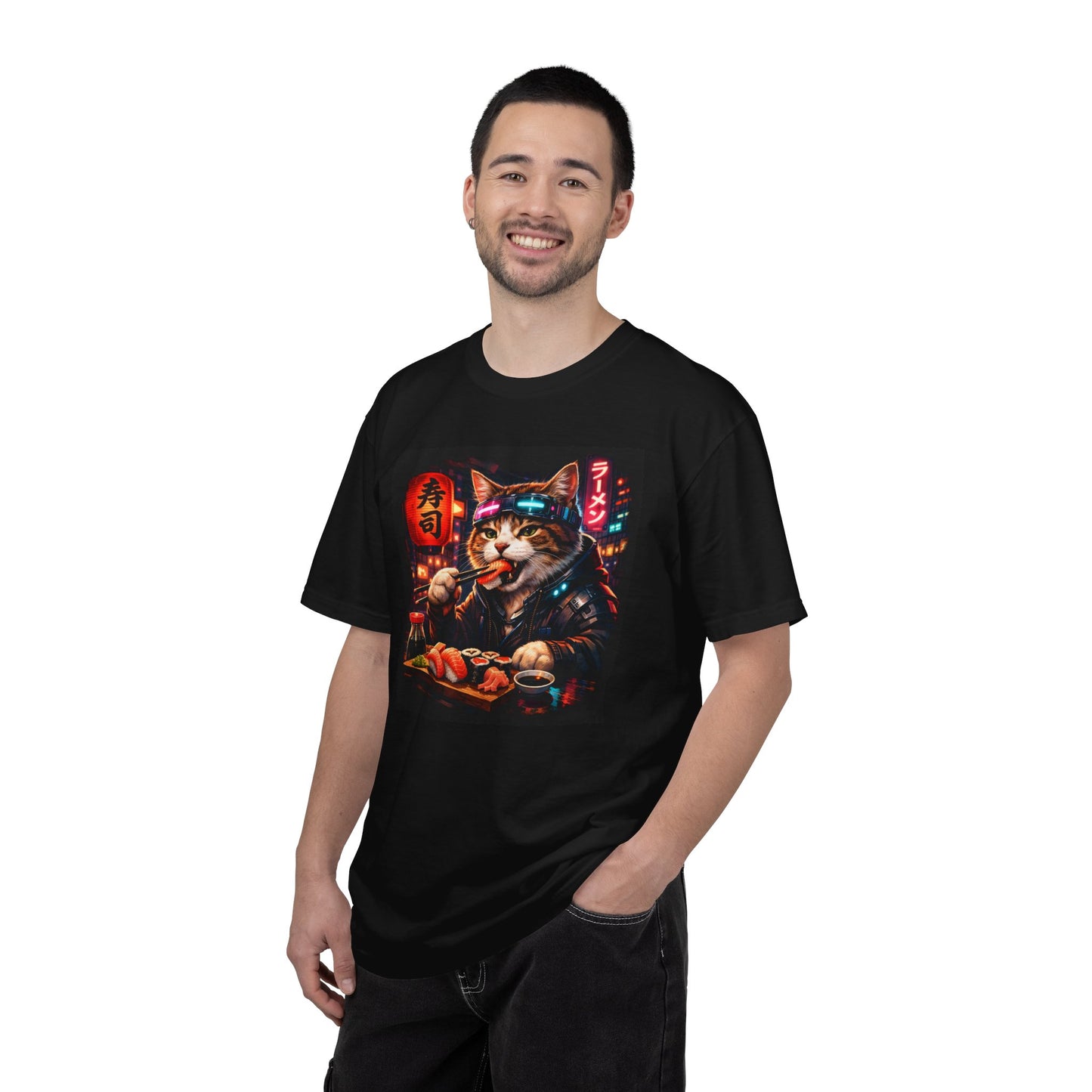 Sushi-Eating Cat T-Shirt | Neon Japanese Street Food Art