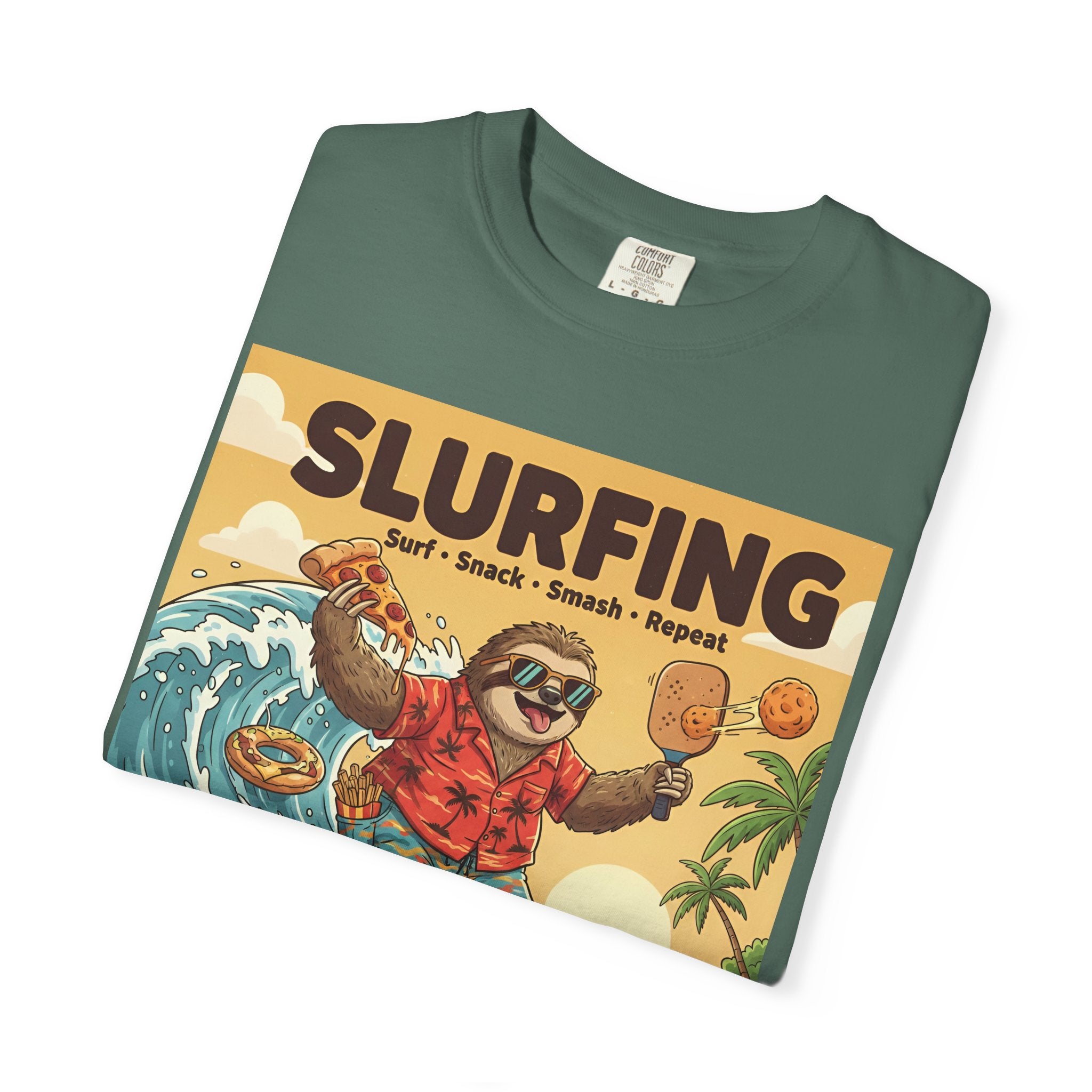 Slurfing Surfing Sloth T-Shirt | Retro Beach Wave Illustration