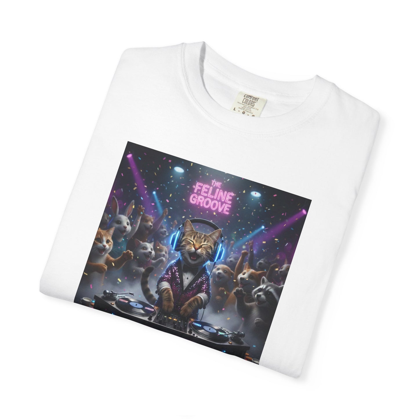 Feline Groove DJ Cat Illustration T-Shirt | Retro Neon Club Scene
