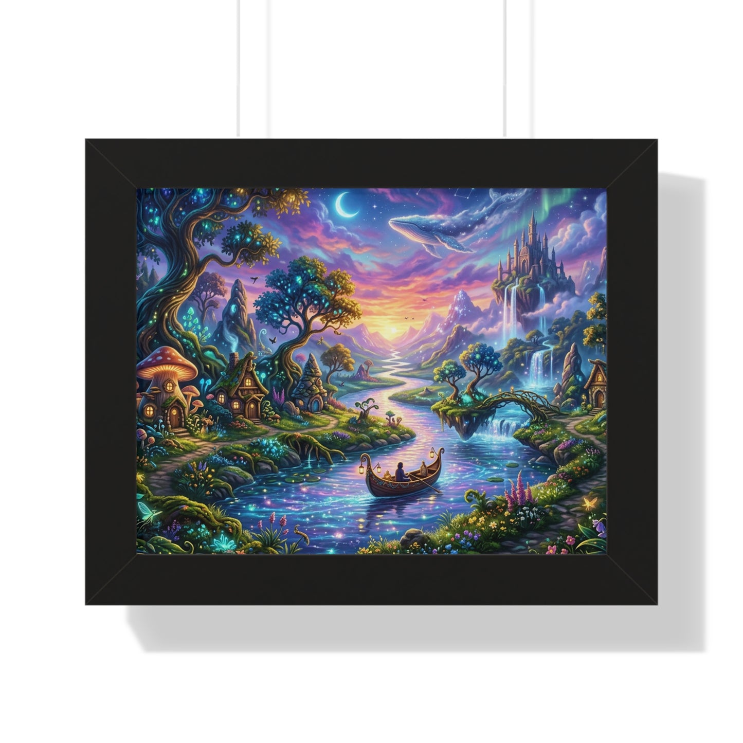 Celestial River Journey Digital Art Print - Whimsical Fantasy Landscape with Floating Castle, Glowing Forest