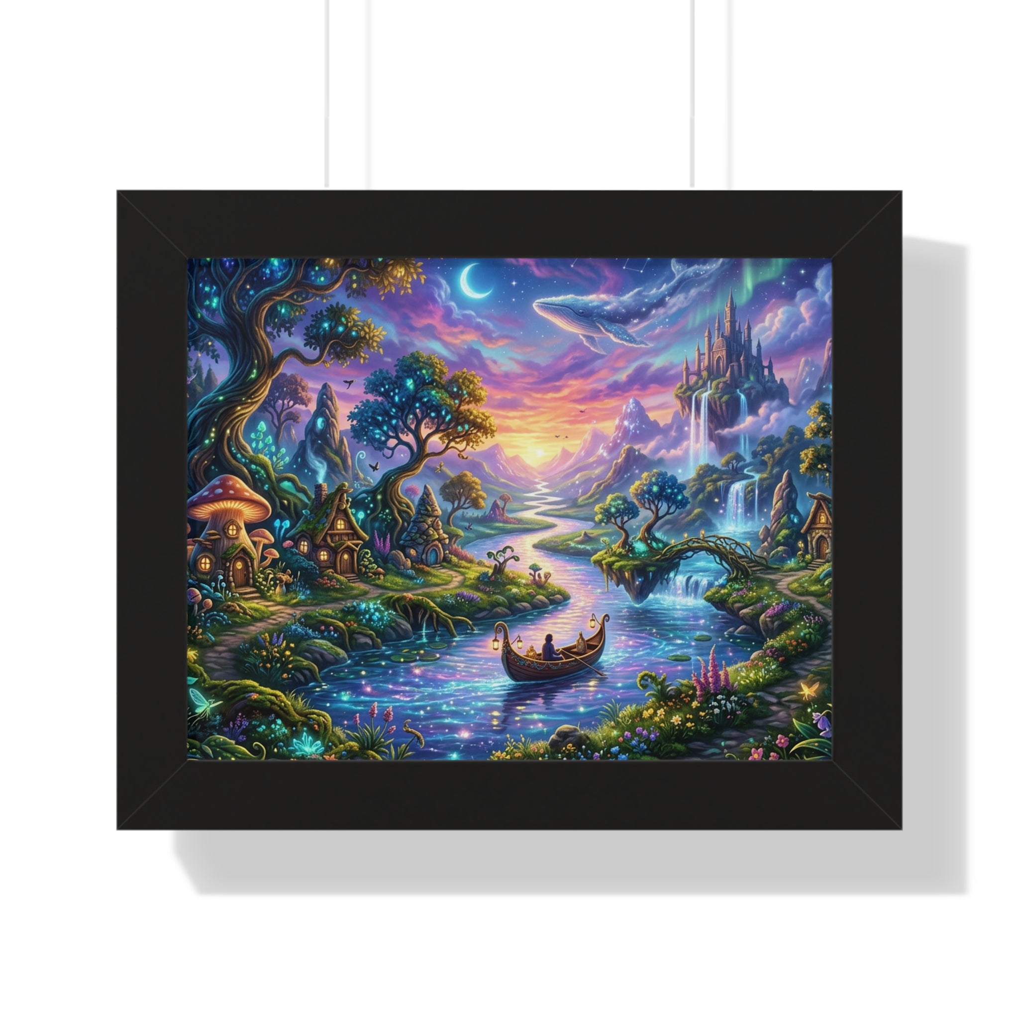 Celestial River Journey Digital Art Print - Whimsical Fantasy Landscape with Floating Castle, Glowing Forest