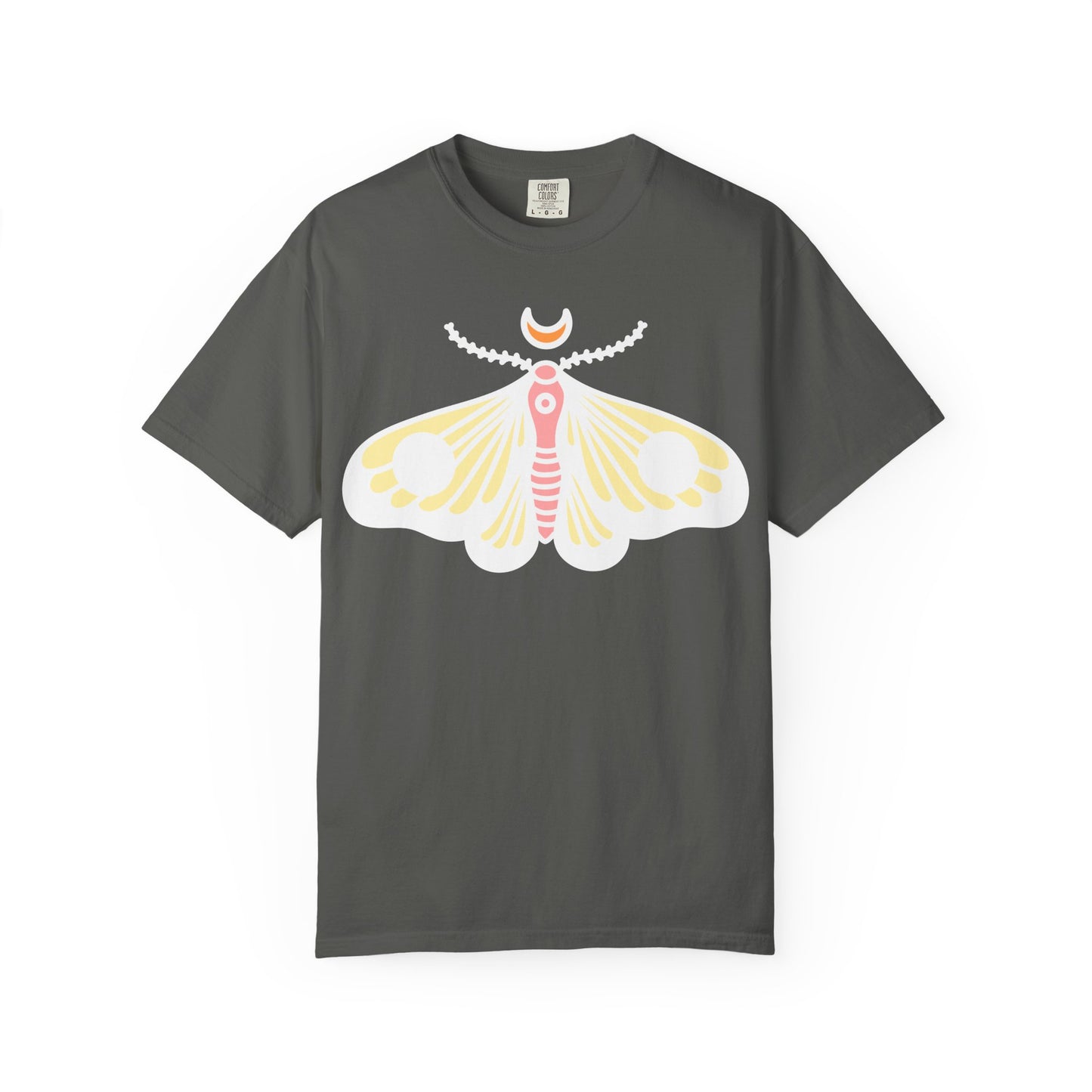 Celestial Moth T-shirt | Pink Yellow Moth with Crescent Moon