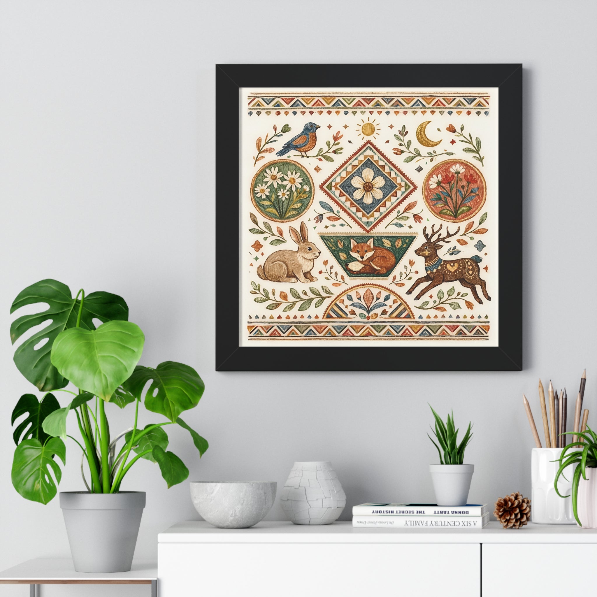 Folk Floral Deer Rabbit Bird Framed Horizontal Poster | Botanical Animal Artwork