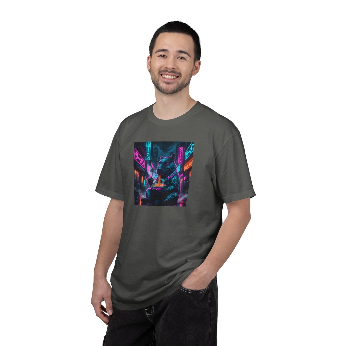Neon Cyberpunk Capybara Cityscape T-Shirt | Futuristic Night Street Art