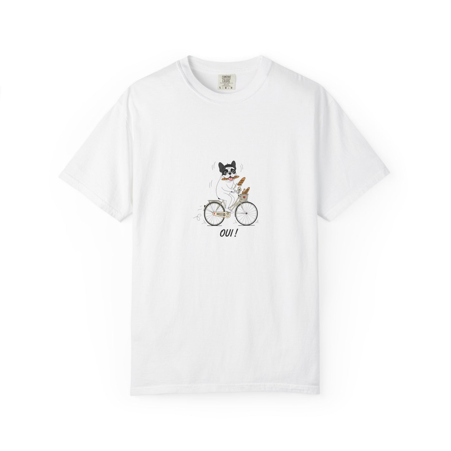 French Bulldog on Bicycle T-shirt | Cute Dog Illustration, 'Oui!' Text