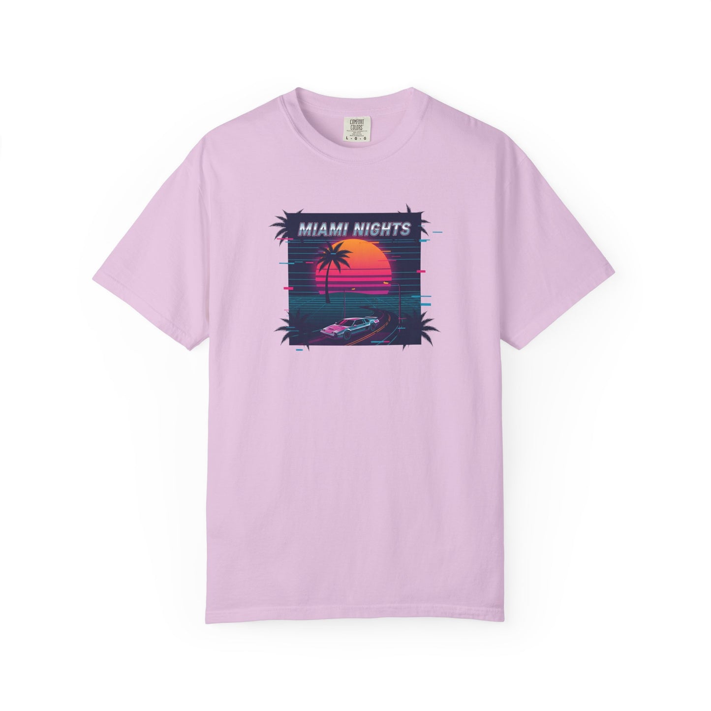 Miami Nights Sunset Palm T-shirt | Retro Vaporwave Beach Scene