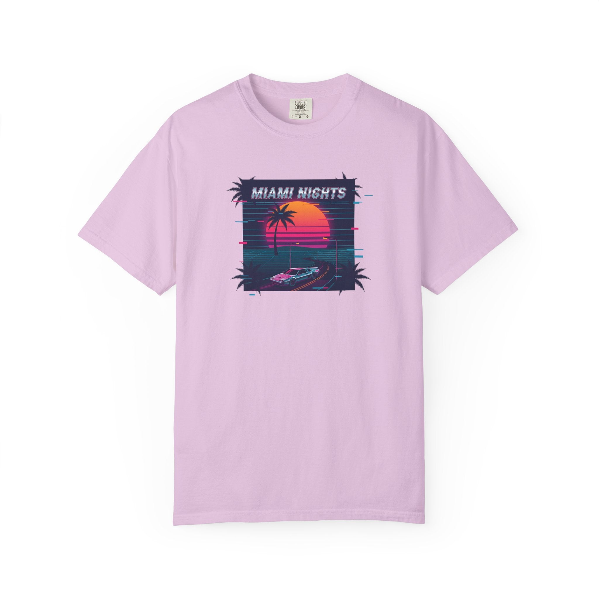 Miami Nights Sunset Palm T-shirt | Retro Vaporwave Beach Scene