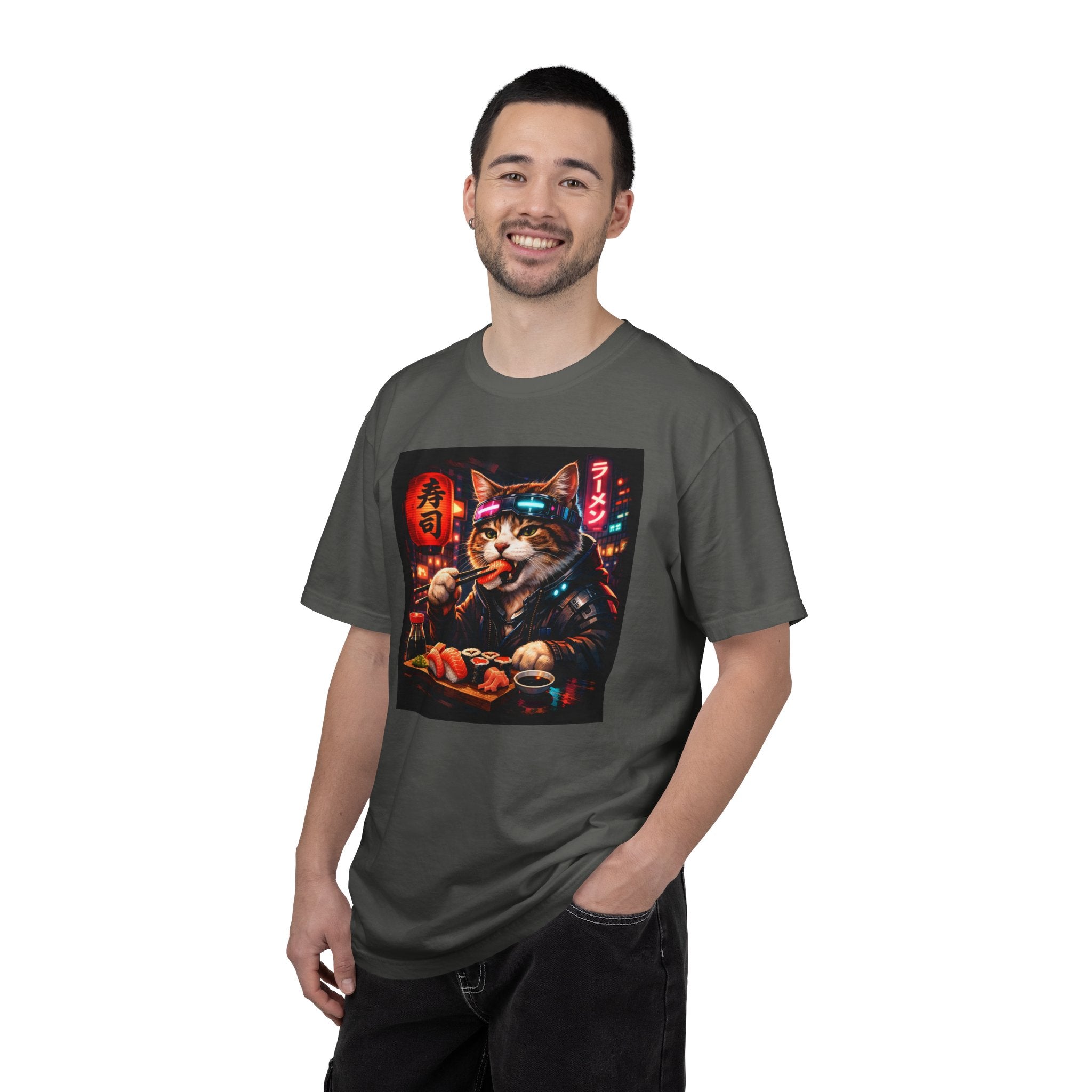 Sushi-Eating Cat T-Shirt | Neon Japanese Street Food Art