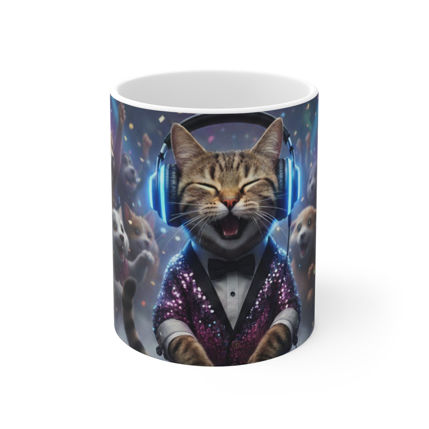 Party Cats Choir Mug | Cute Cat DJ with Headphones, Confetti