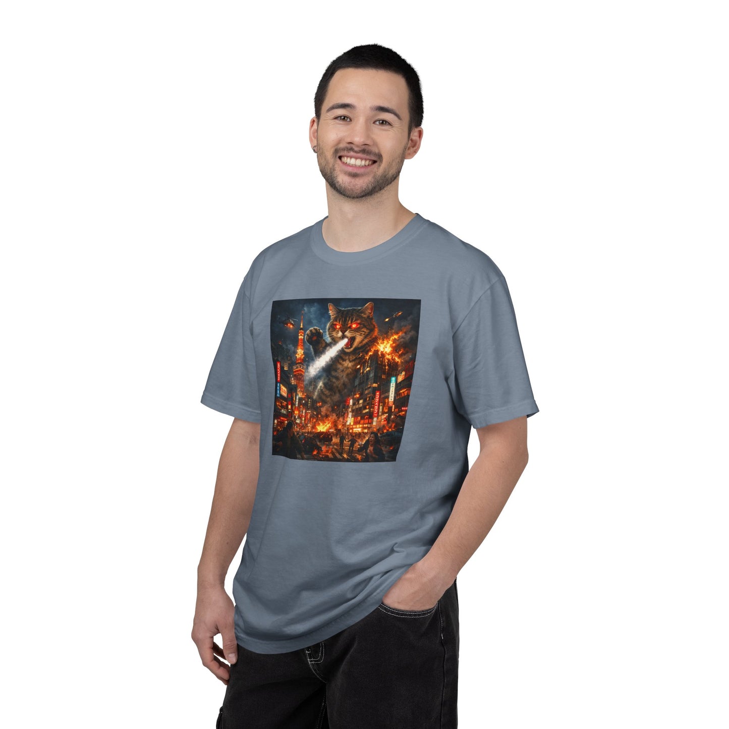 Giant Catzilla Kaiju Rampage T-Shirt | Neon City Monster Battle