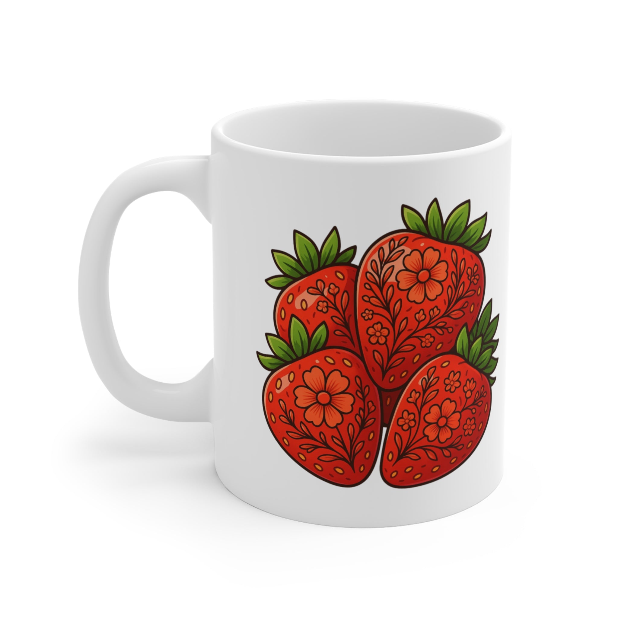 Floral Strawberries Mug | Hand-Drawn Fruit Illustration, Kitchen Ceramic Coffee Cup