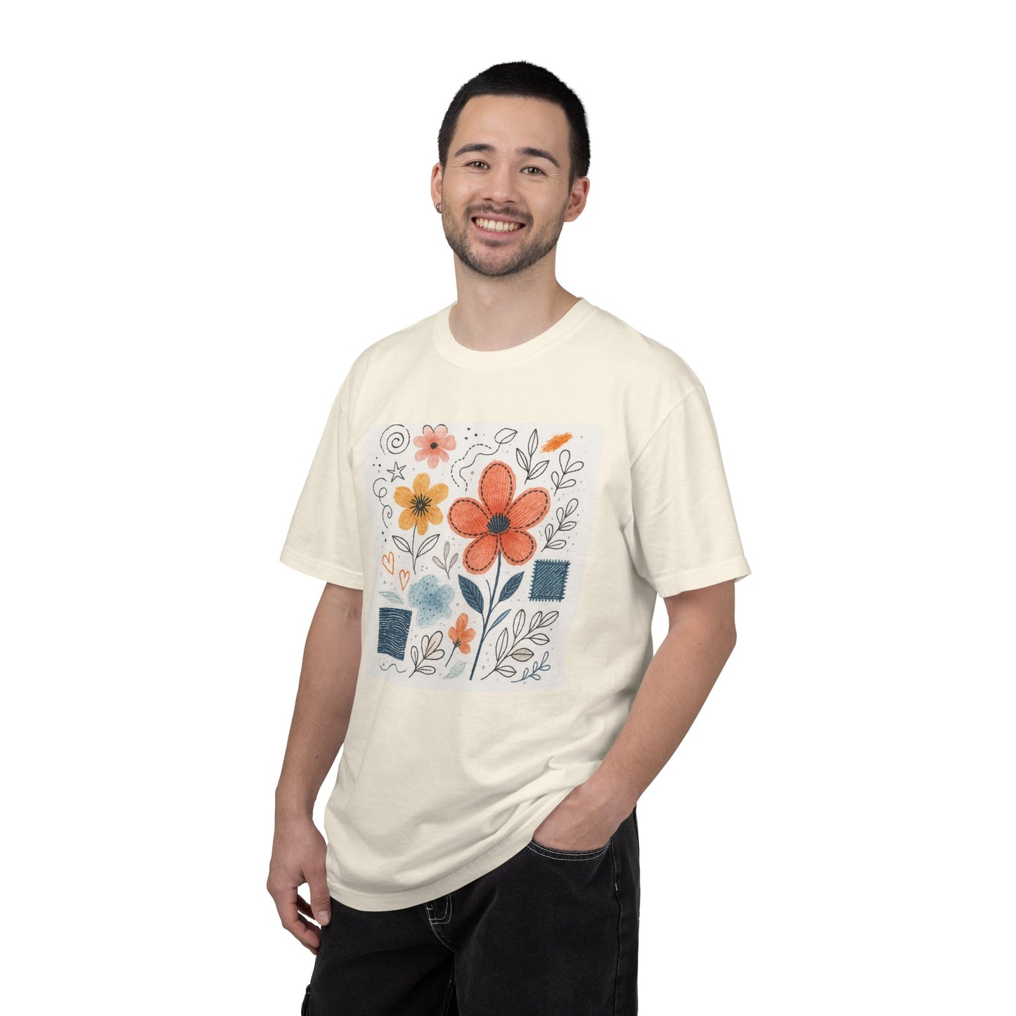 Hand-drawn Watercolor Floral Doodles T-shirt | Linocut & Embroidery Texture