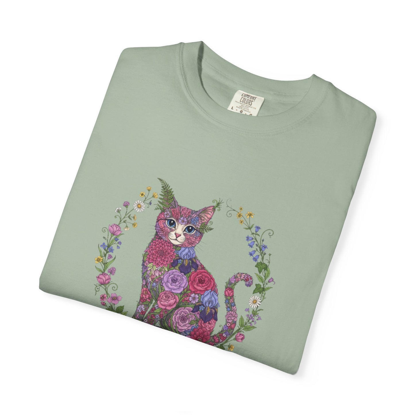Floral Cat Illustration T-shirt | Botanical Kitty Circle Print