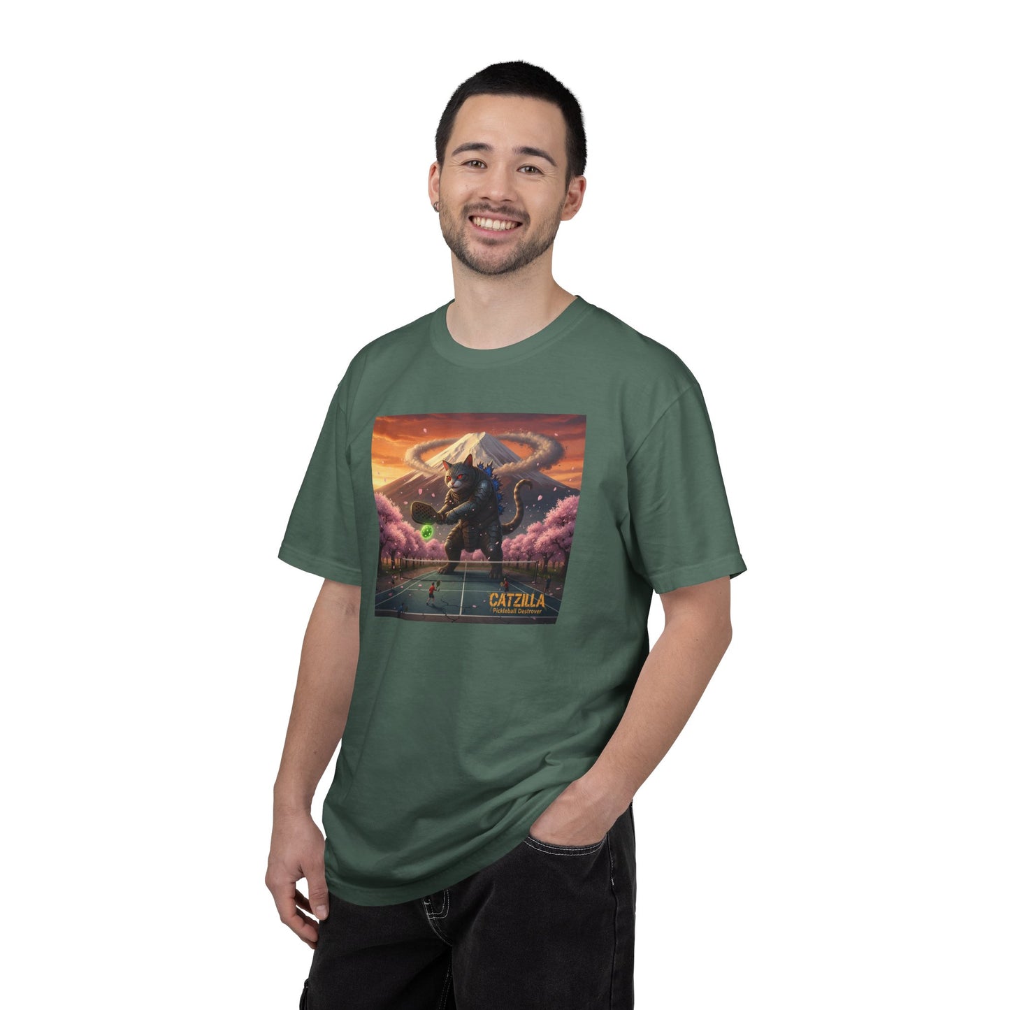Catzilla Pickleball Destroyer T-shirt | Kaiju Cat Samurai, Mount Fuji Cherry Blossoms