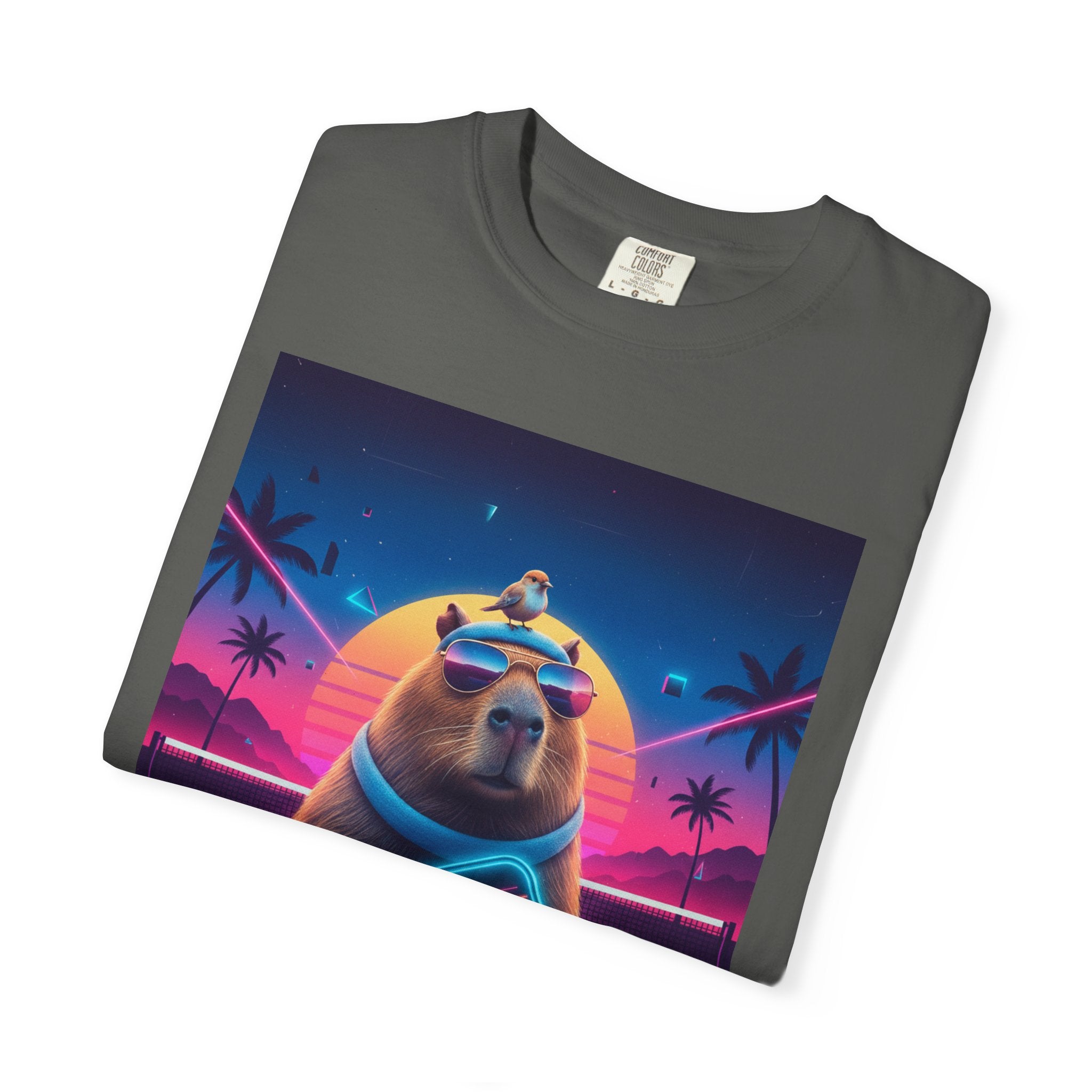 Retro Vaporwave Capybara with Sunglasses T-shirt | Neon Sunset Palm Trees