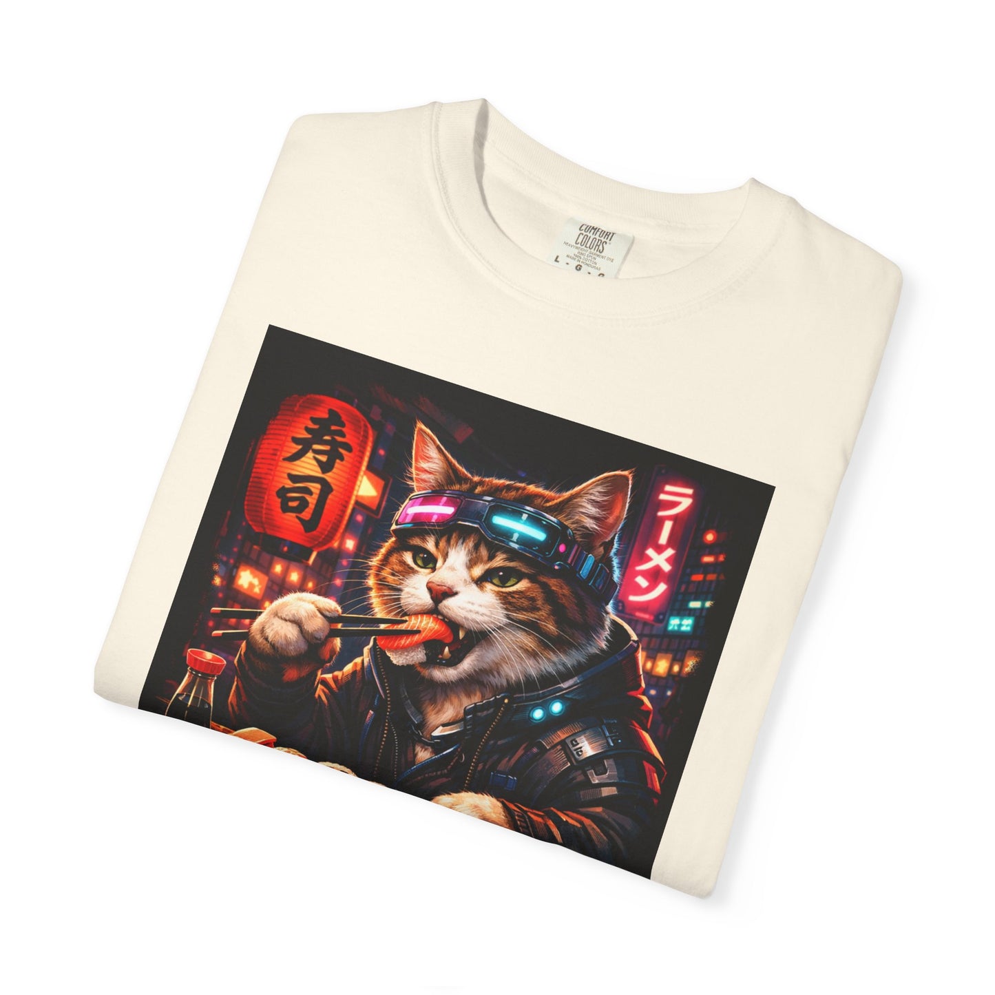 Sushi-Eating Cat T-Shirt | Neon Japanese Street Food Art