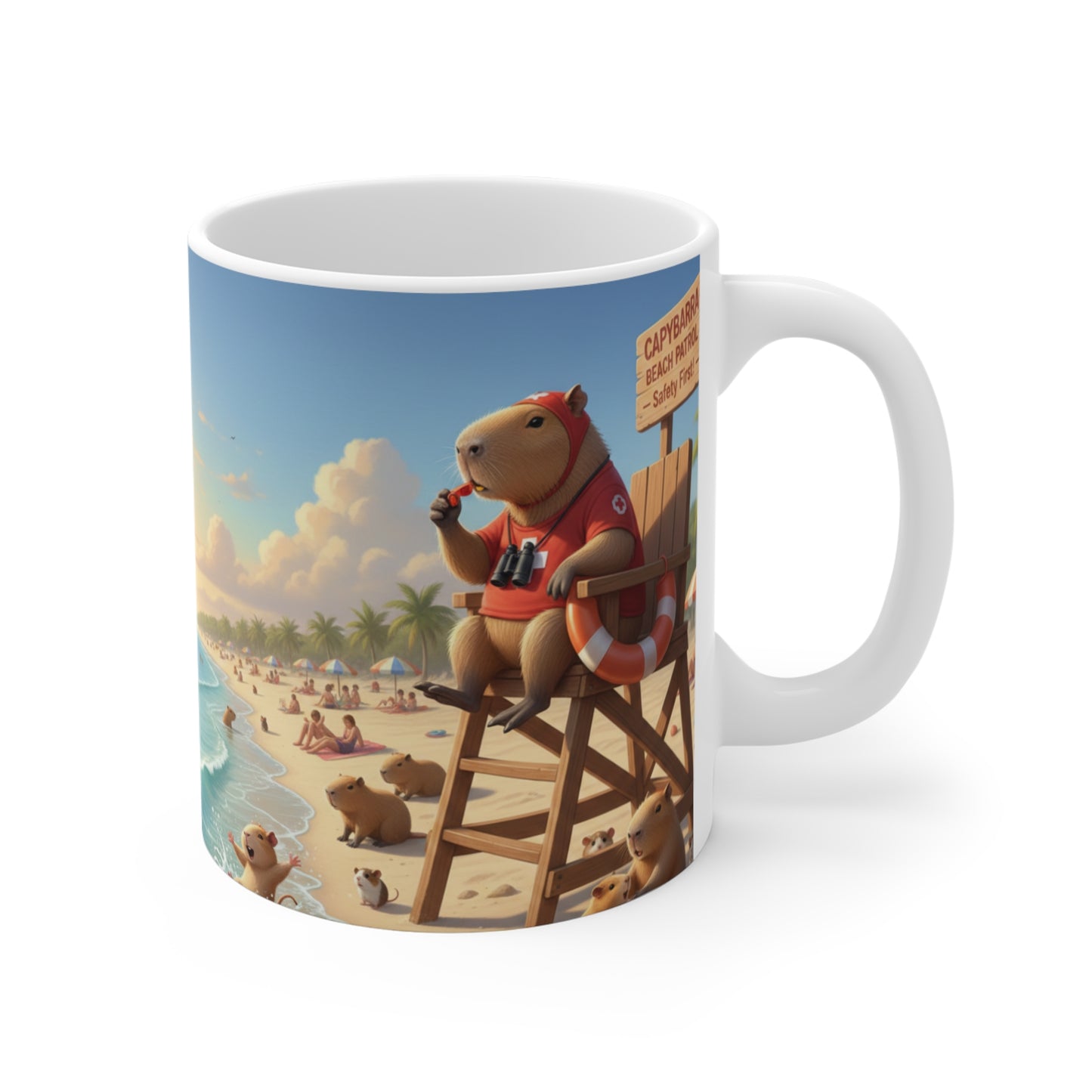 Beach Lifeguard Capybara Mug | Cute Animal Beach Scene, Ocean Sunrise