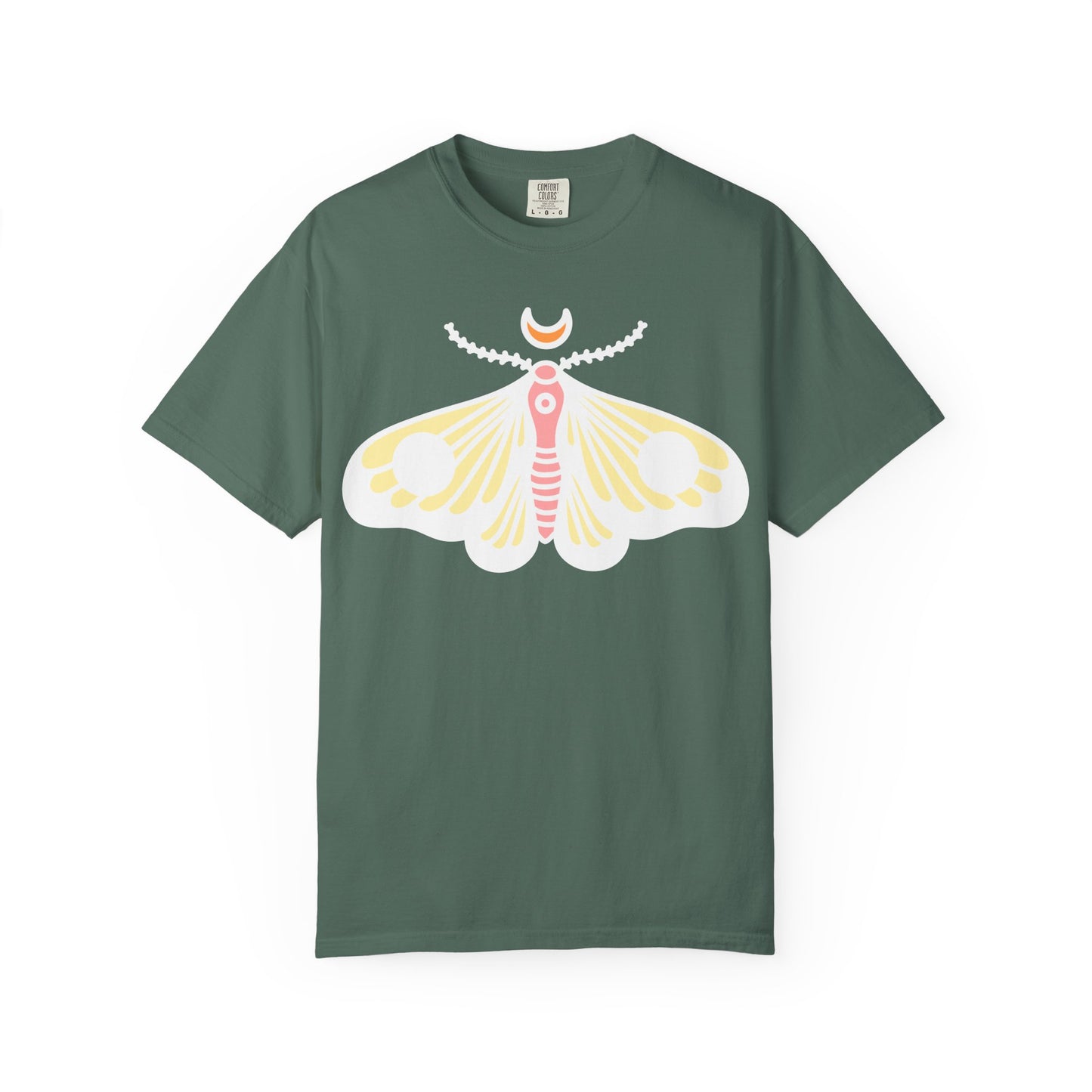 Celestial Moth T-shirt | Pink Yellow Moth with Crescent Moon
