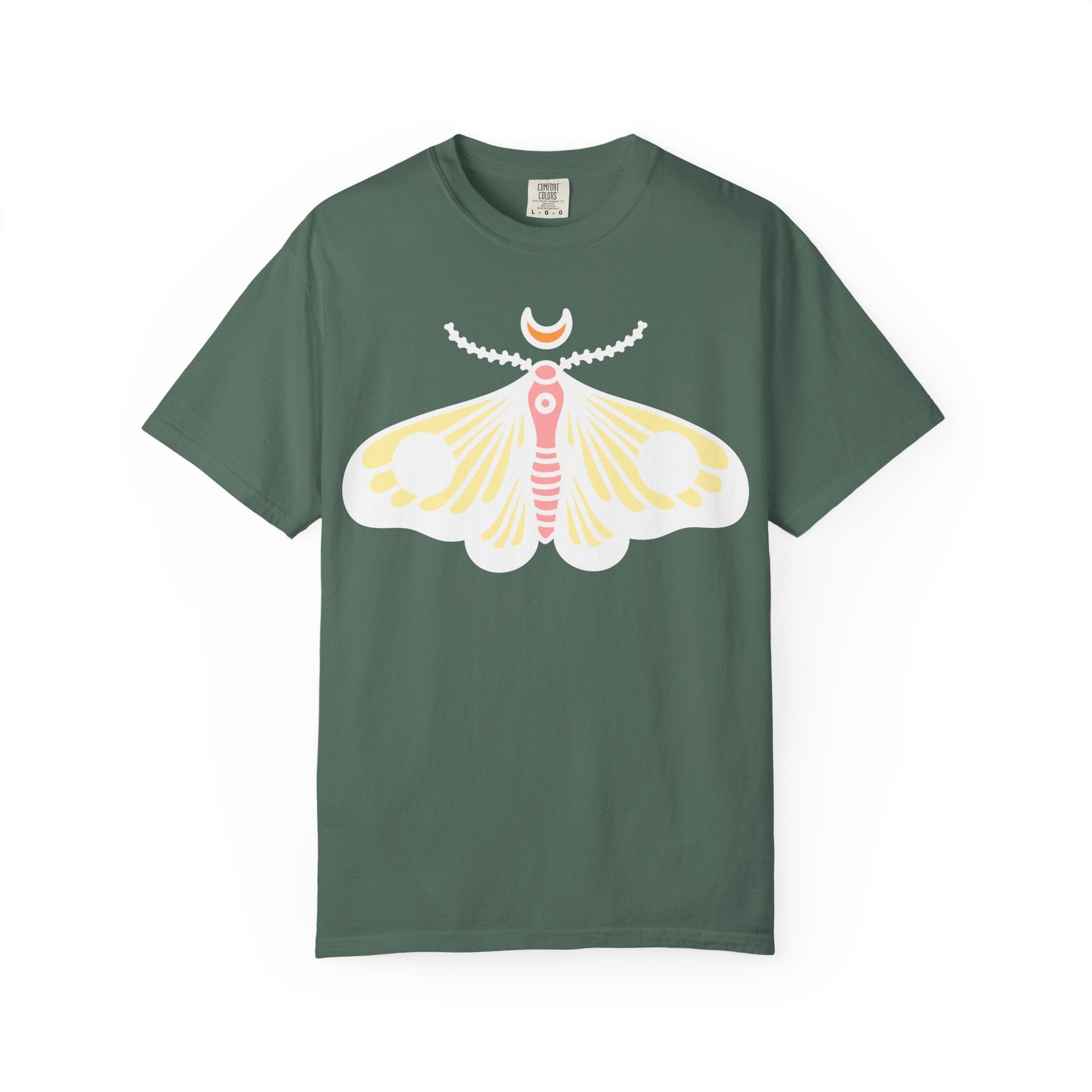 Celestial Moth T-shirt | Pink Yellow Moth with Crescent Moon