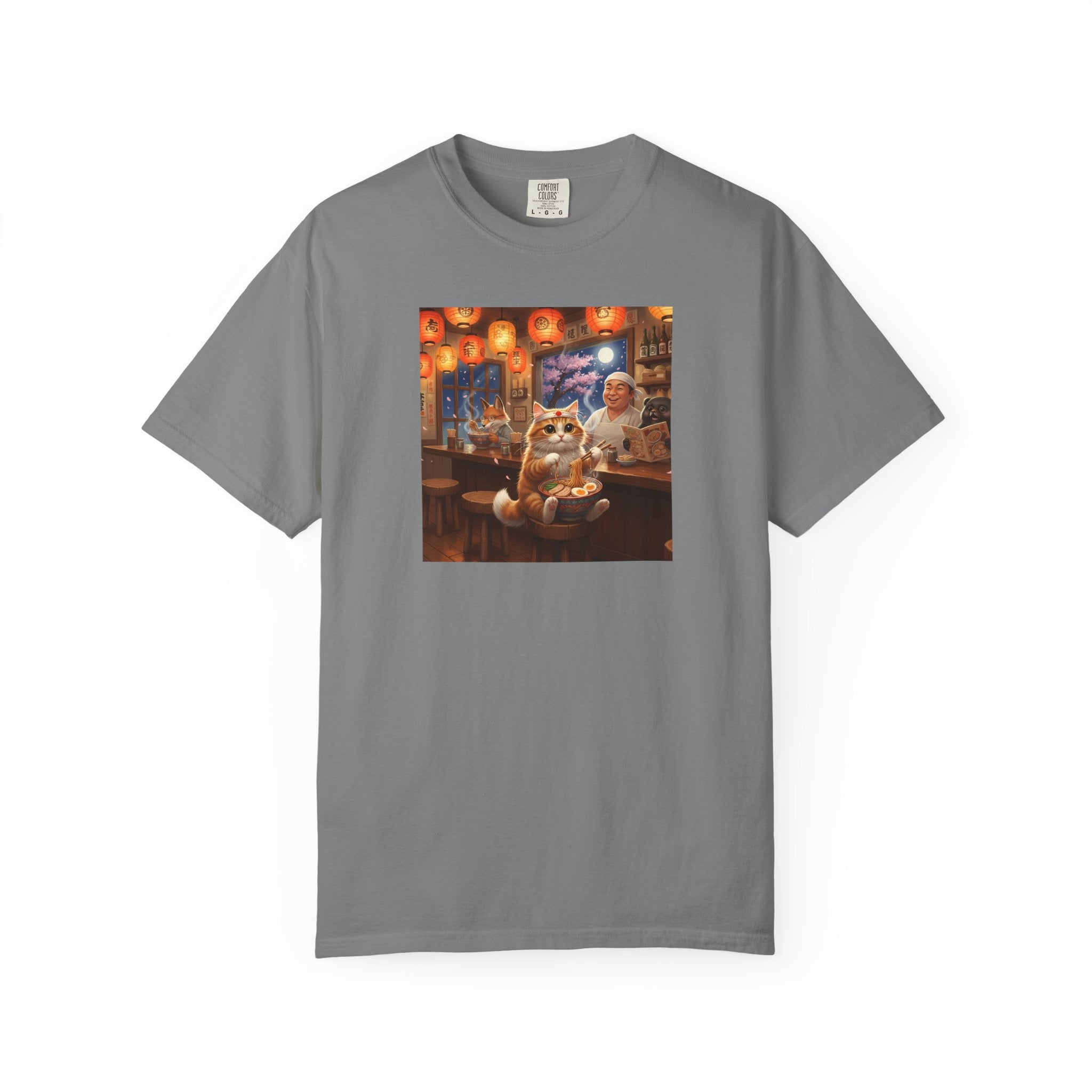 Whiskers and the Wondrous Noodles Cat Bar Ramen Scene T-shirt | Cozy Pub Cat Illustration