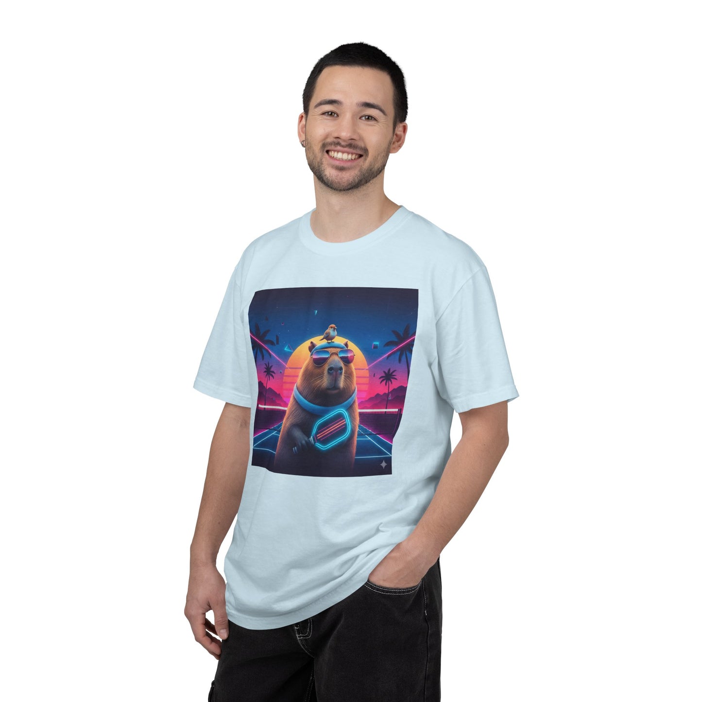 Retro Vaporwave Capybara with Sunglasses T-shirt | Neon Sunset Palm Trees