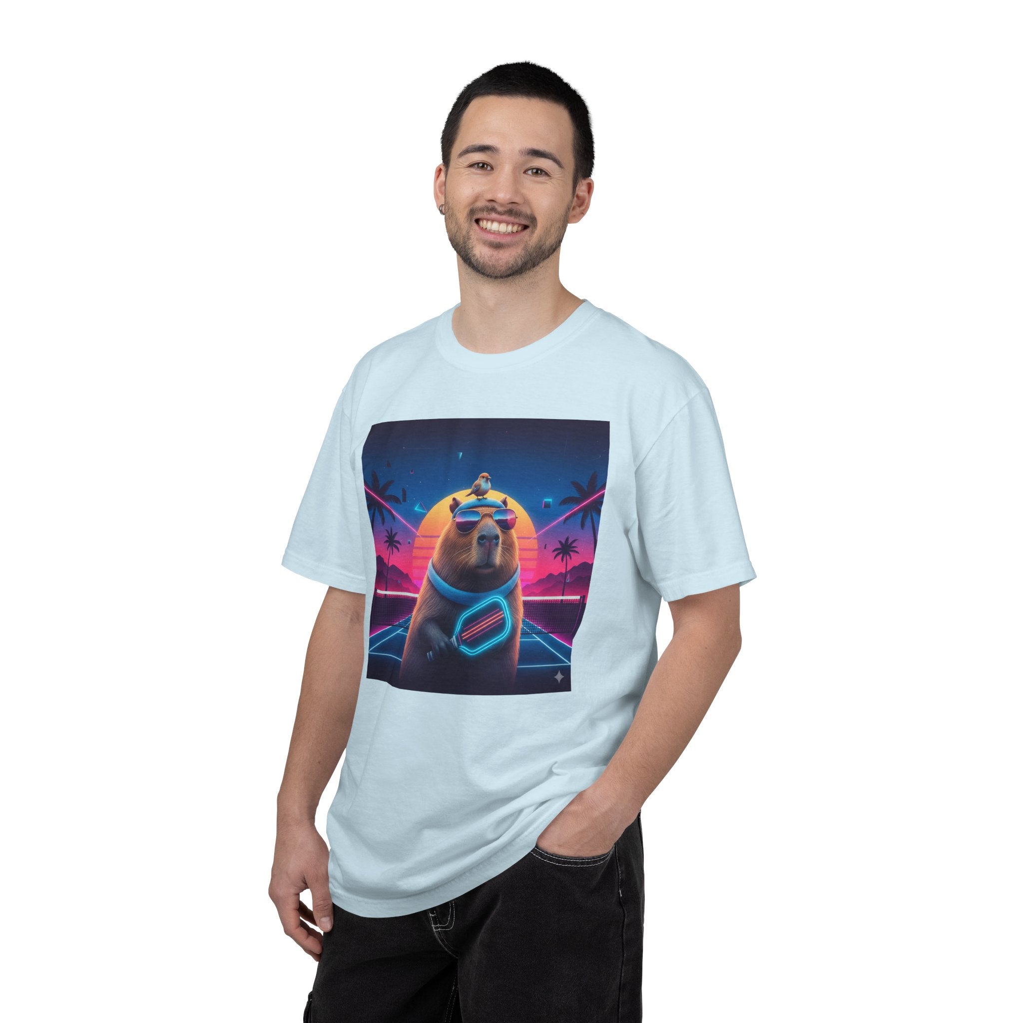 Retro Vaporwave Capybara with Sunglasses T-shirt | Neon Sunset Palm Trees