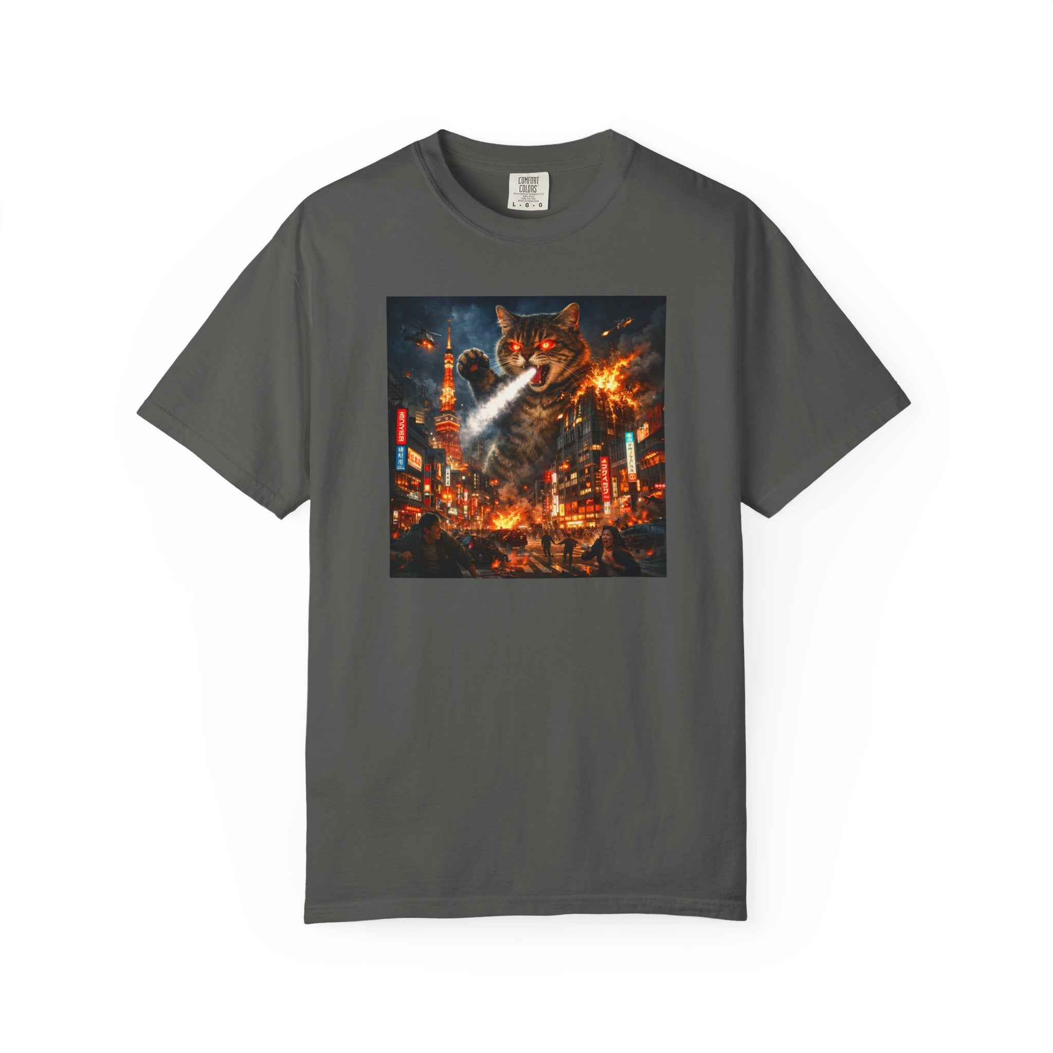 Giant Catzilla Kaiju Rampage T-Shirt | Neon City Monster Battle