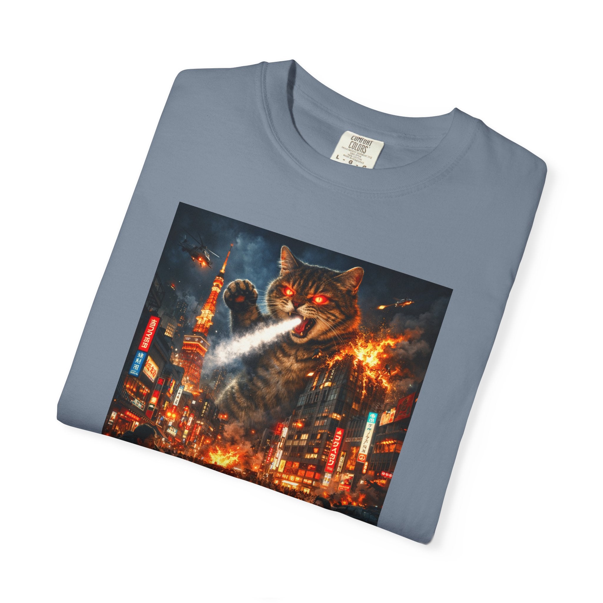 Giant Catzilla Kaiju Rampage T-Shirt | Neon City Monster Battle