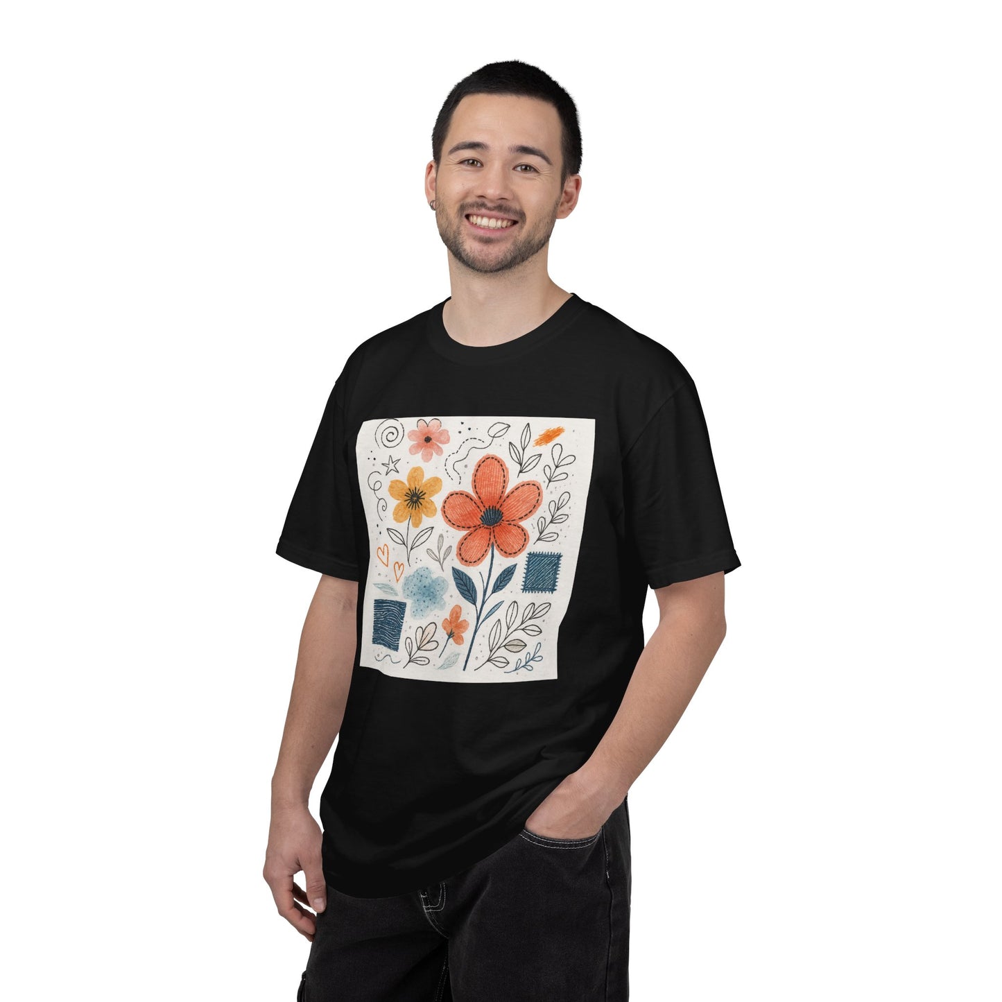 Hand-drawn Watercolor Floral Doodles T-shirt | Linocut & Embroidery Texture