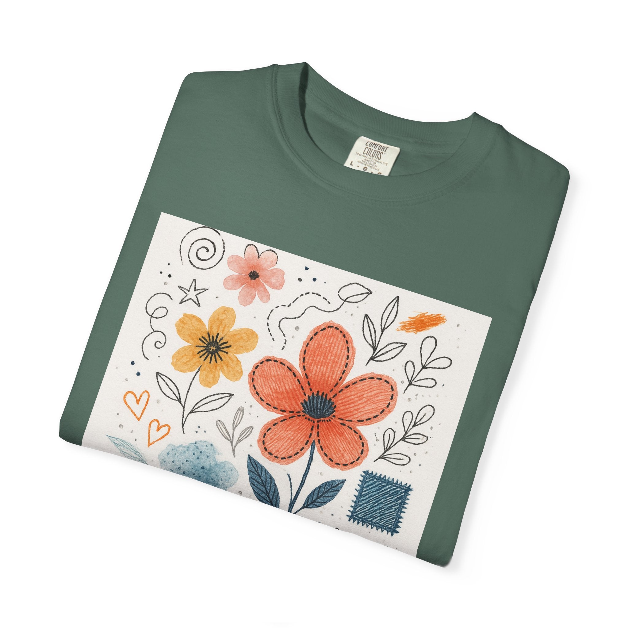 Hand-drawn Watercolor Floral Doodles T-shirt | Linocut & Embroidery Texture
