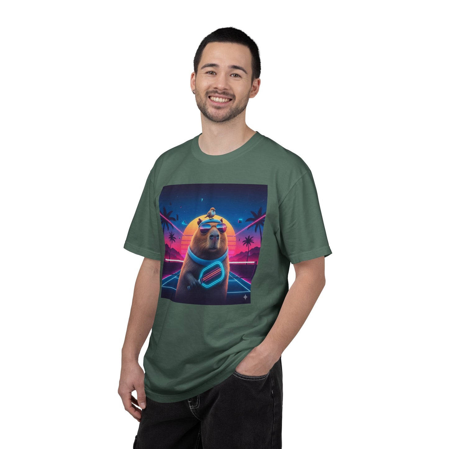 Retro Vaporwave Capybara with Sunglasses T-shirt | Neon Sunset Palm Trees