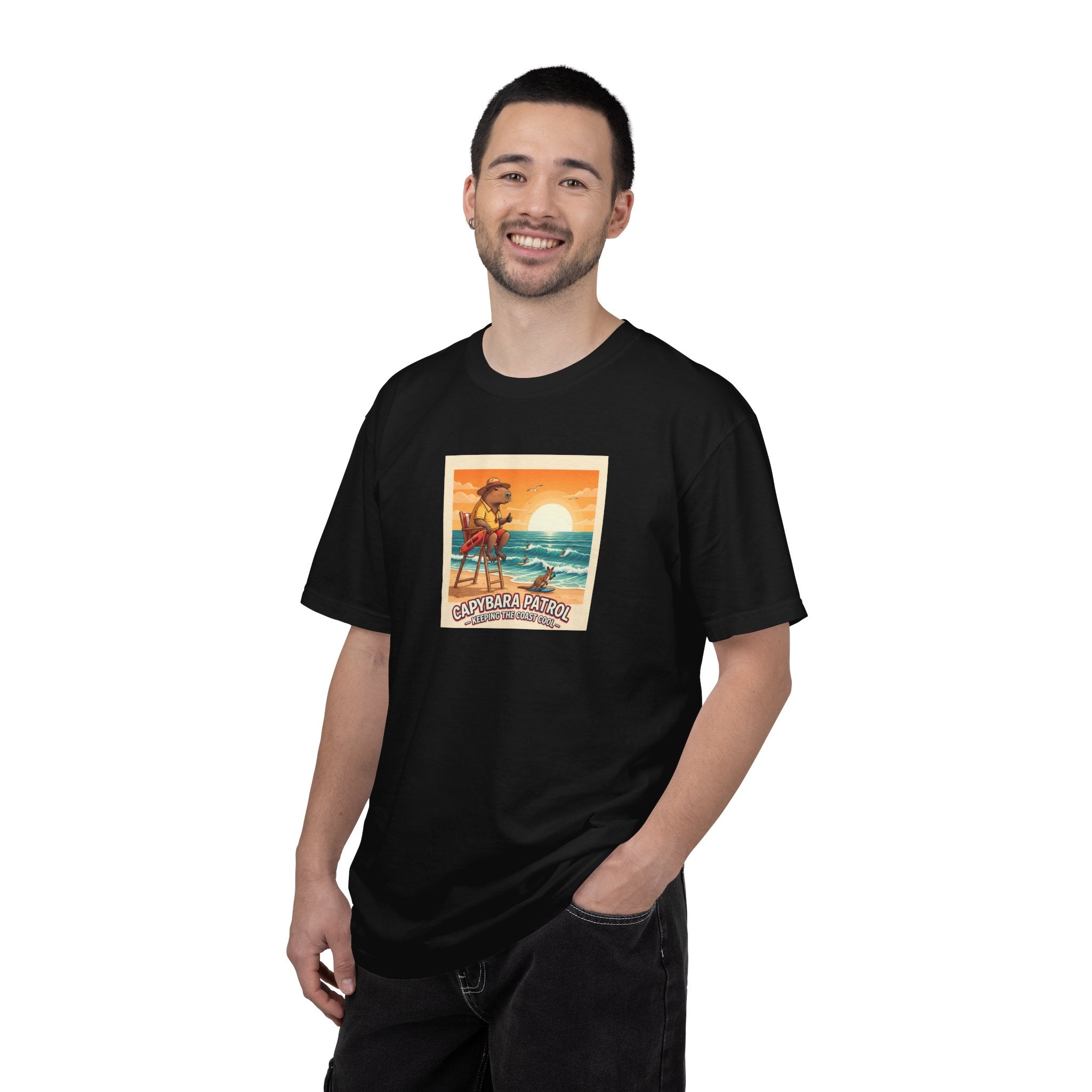 Capybara Patrol Sunset Surfing Capybara T-Shirt | Retro Beach Vibes