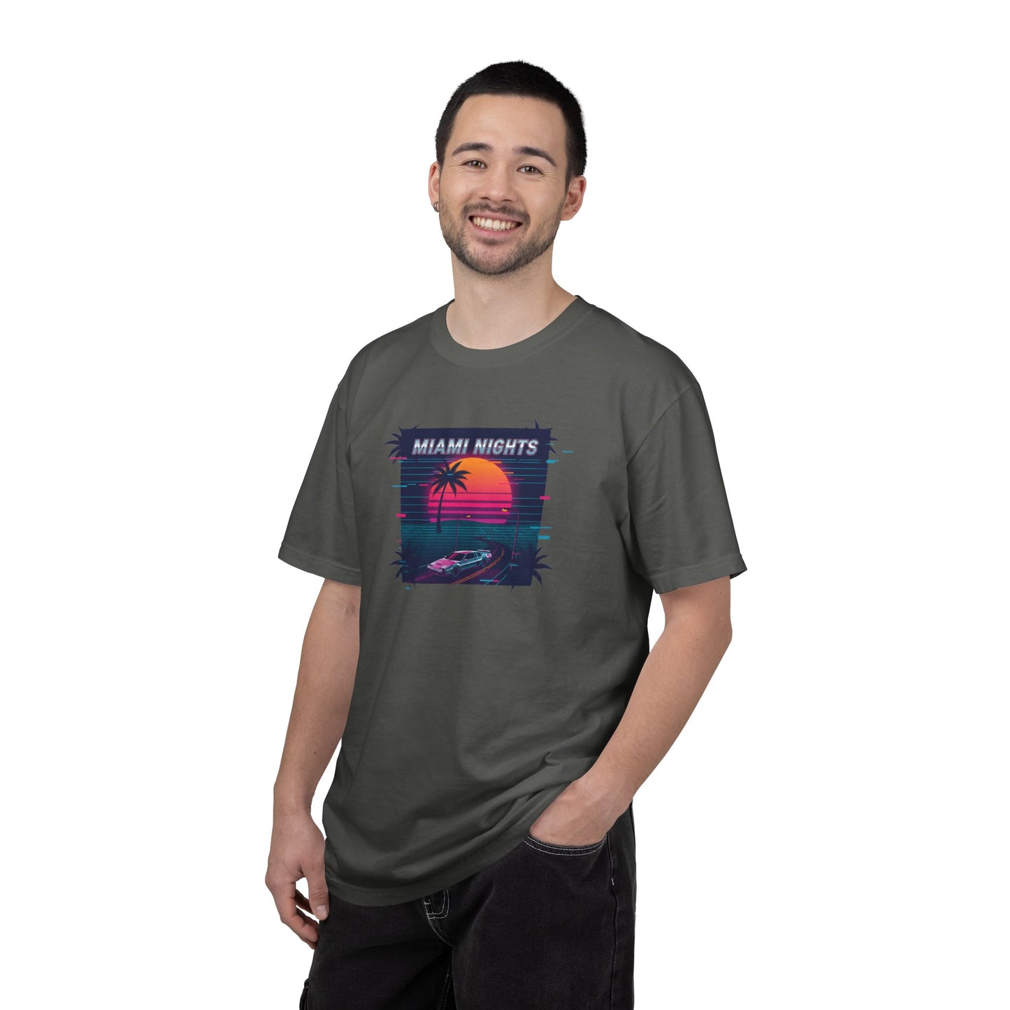 Miami Nights Sunset Palm T-shirt | Retro Vaporwave Beach Scene