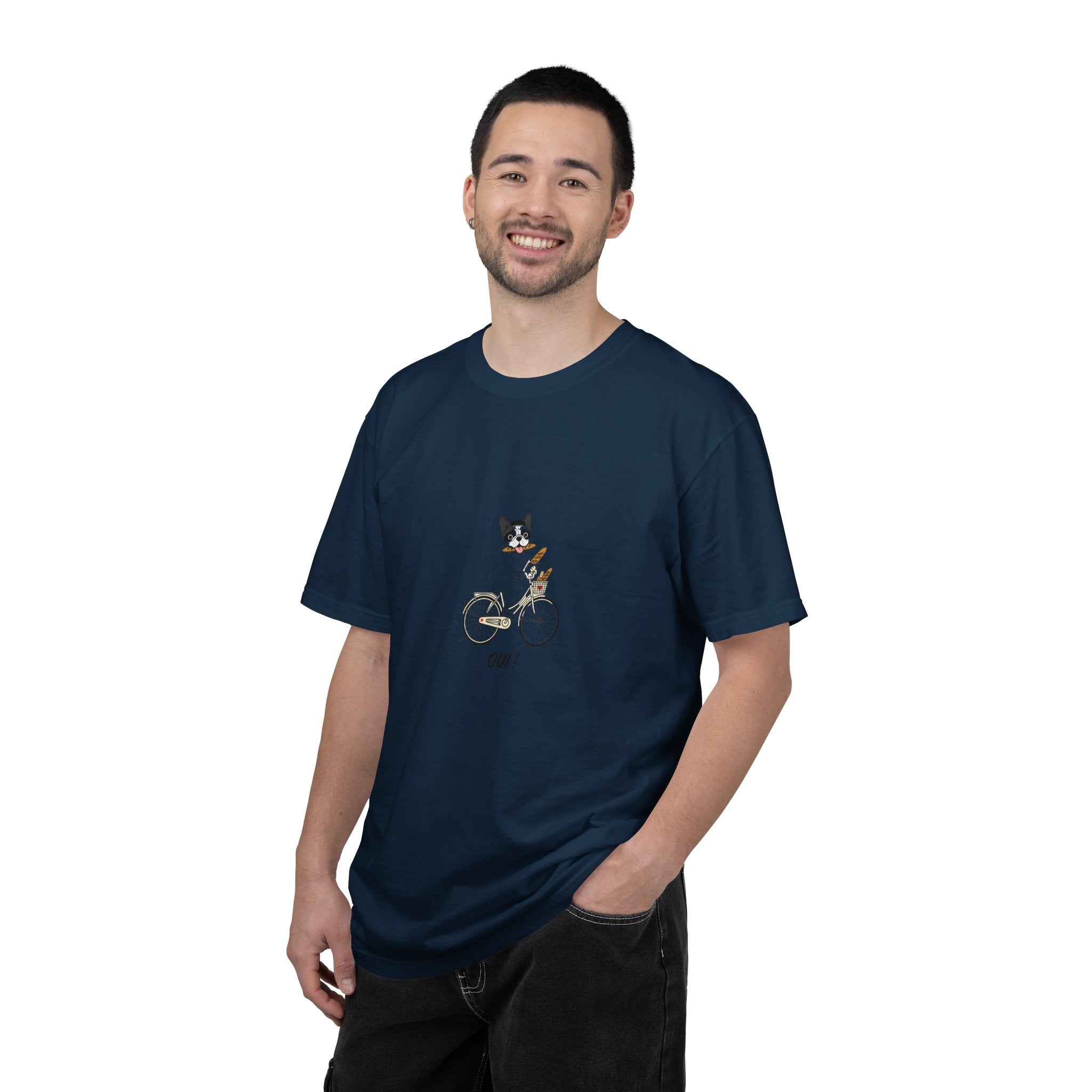 French Bulldog on Bicycle T-shirt | Cute Dog Illustration, 'Oui!' Text