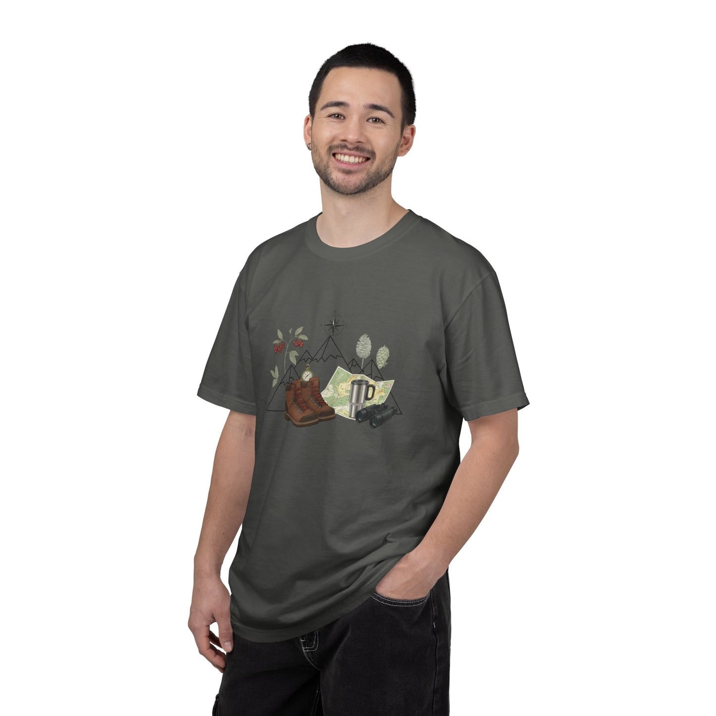 Camping Mountain Outdoors Graphic T-shirt | Hiking Boots Trees Flowers