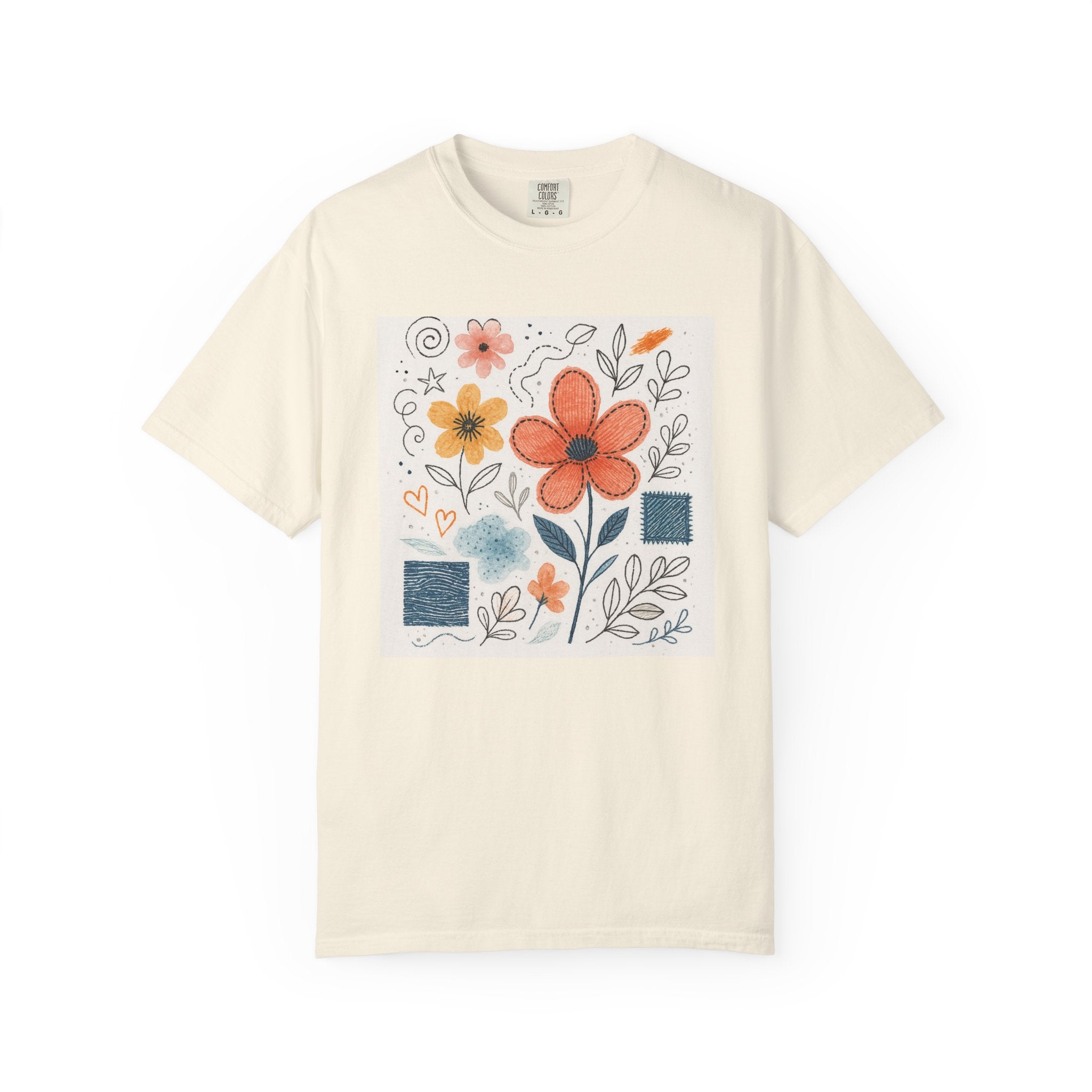 Hand-drawn Watercolor Floral Doodles T-shirt | Linocut & Embroidery Texture