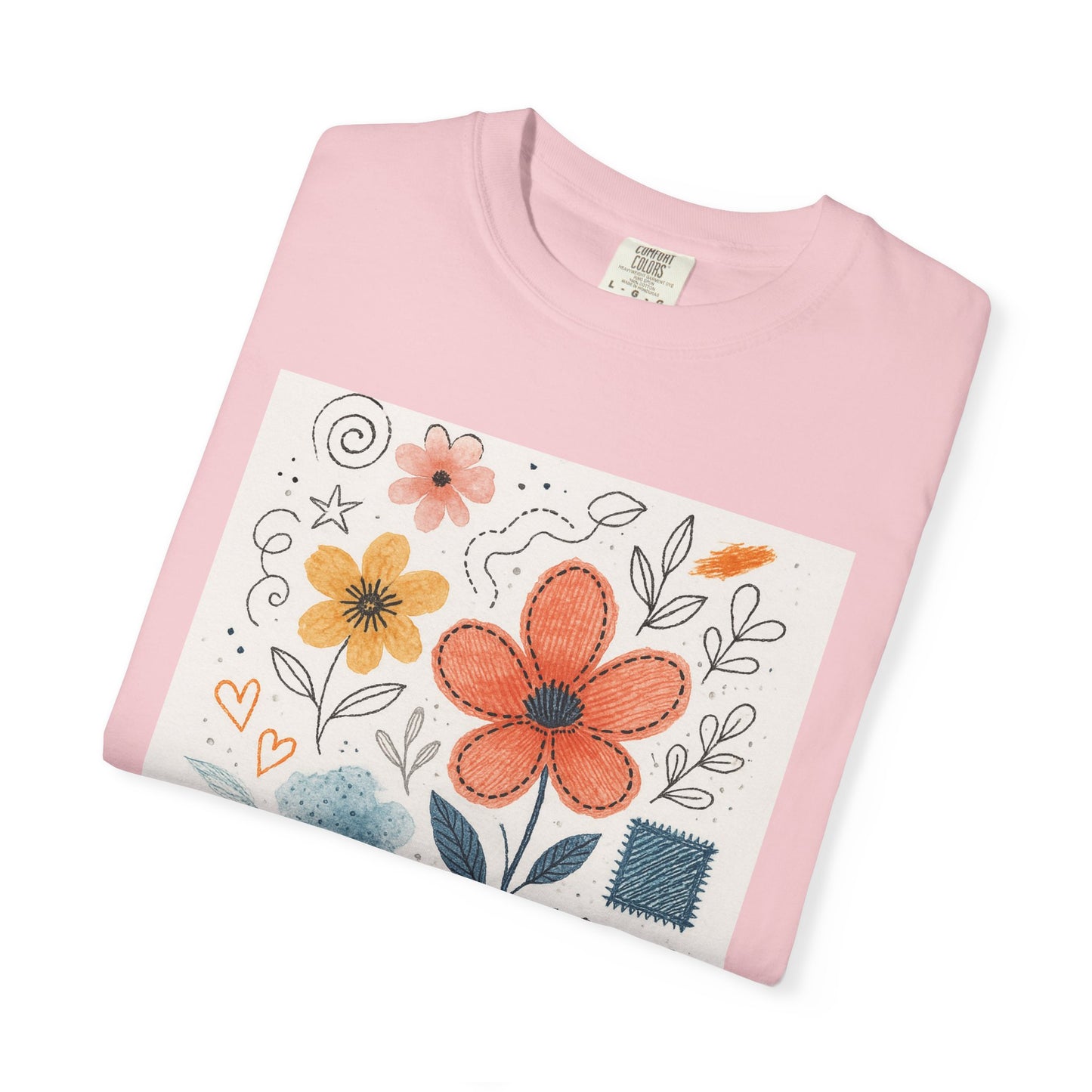 Hand-drawn Watercolor Floral Doodles T-shirt | Linocut & Embroidery Texture