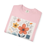 Hand-drawn Watercolor Floral Doodles T-shirt | Linocut & Embroidery Texture
