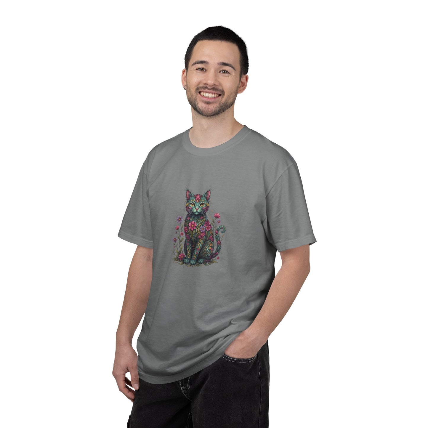 Floral Cat Illustration T-Shirt | Botanical Kitty Tee