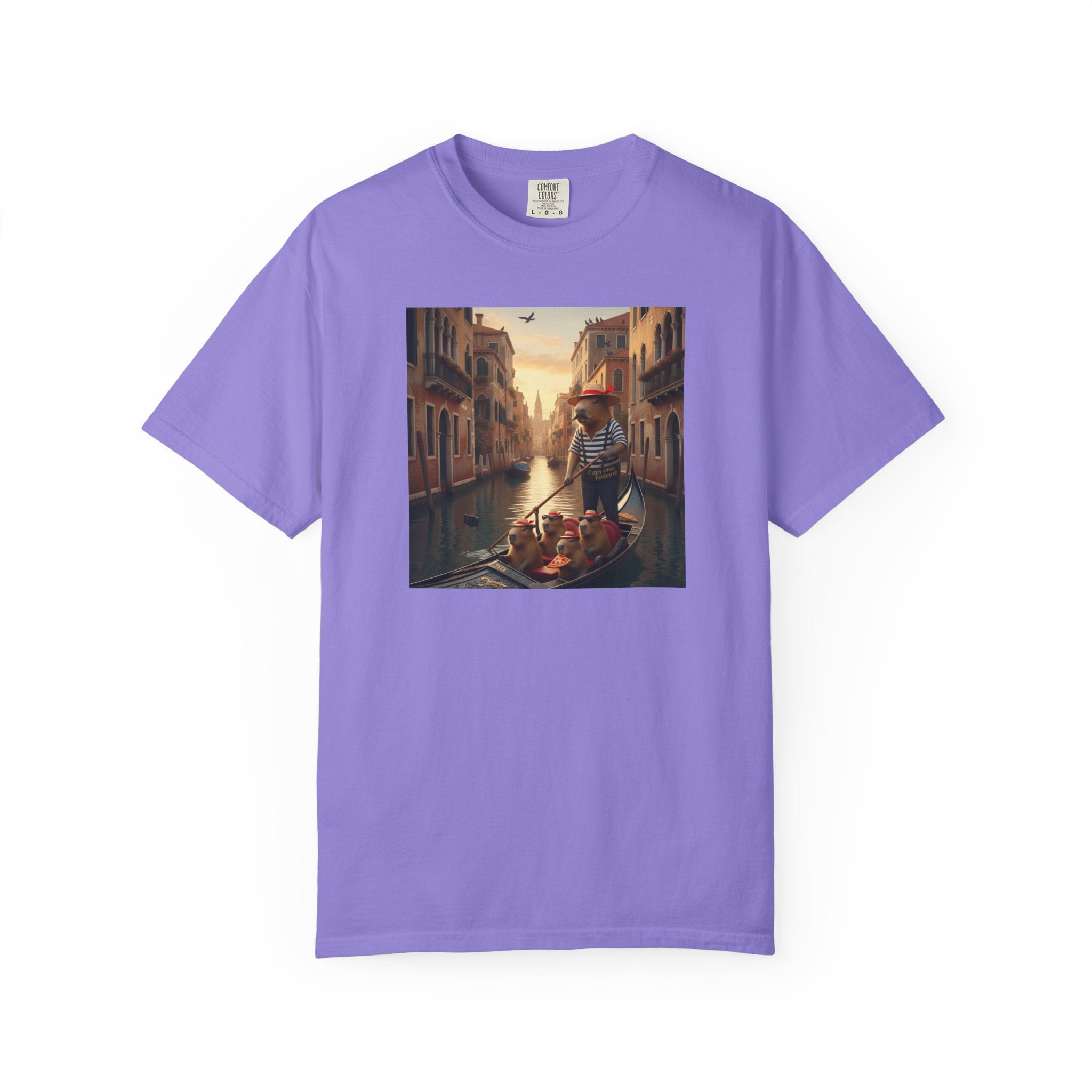 Capybara Venice Gondola Sunset T-shirt | Scenic Canal Travel Art