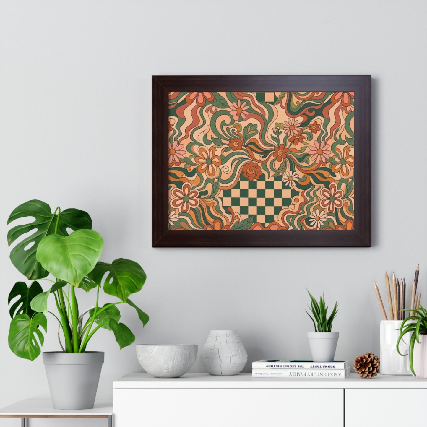 Retro Floral Checkerboard Poster