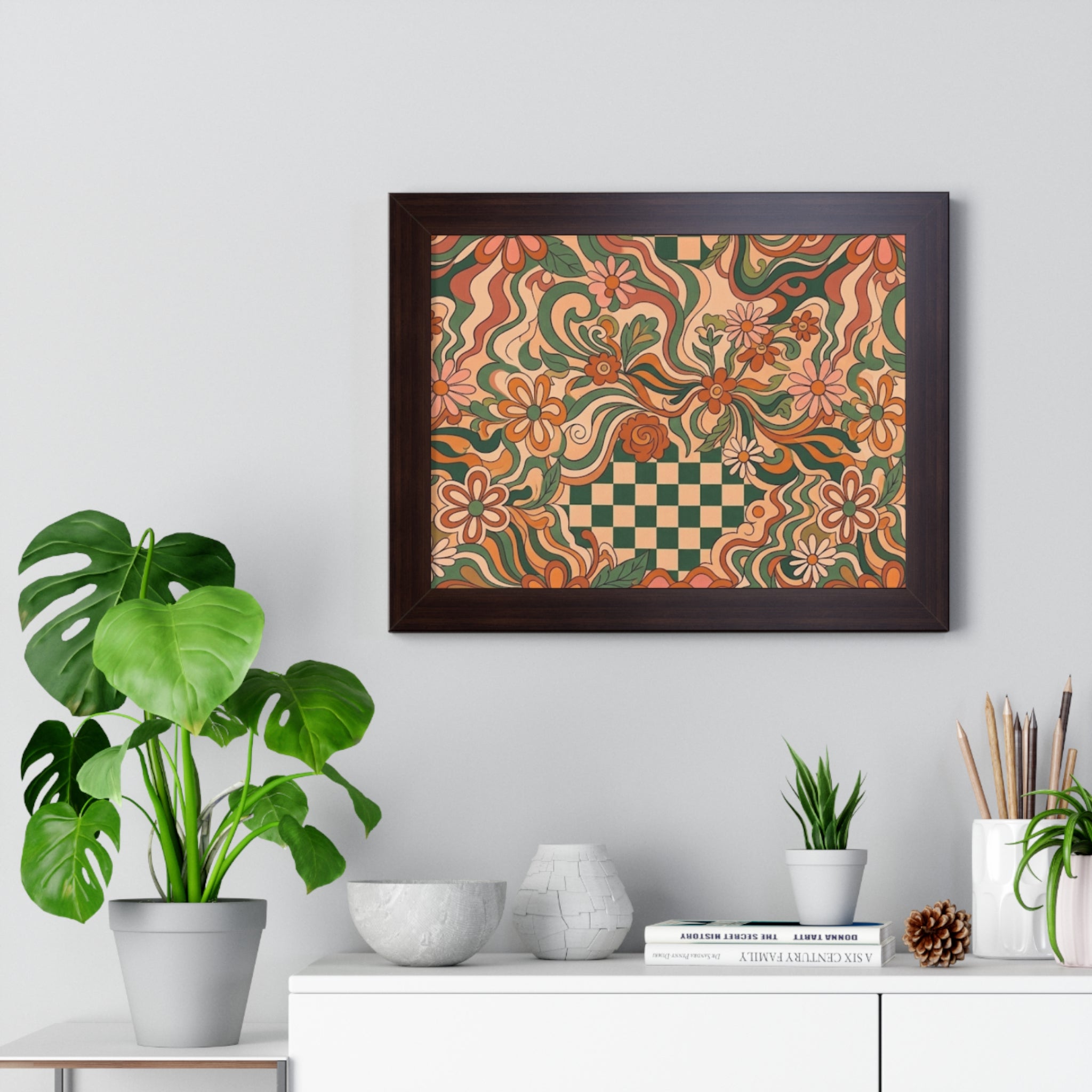 Retro Floral Checkerboard Poster