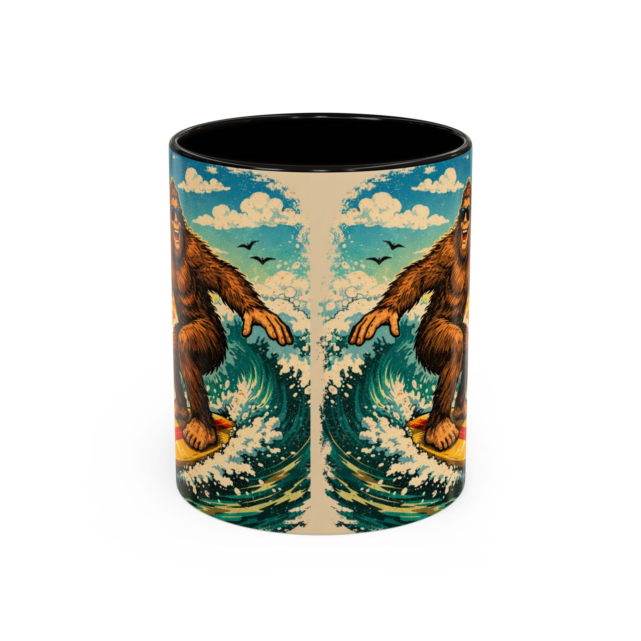 Surfing Bigfoot Mug | Retro Beach Sunset Bigfoot Wave Coffee Cup