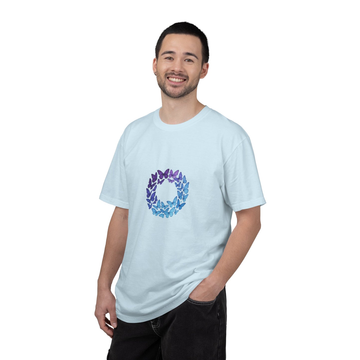 Blue Purple Butterfly Wreath T-shirt | Floral Circle Tee