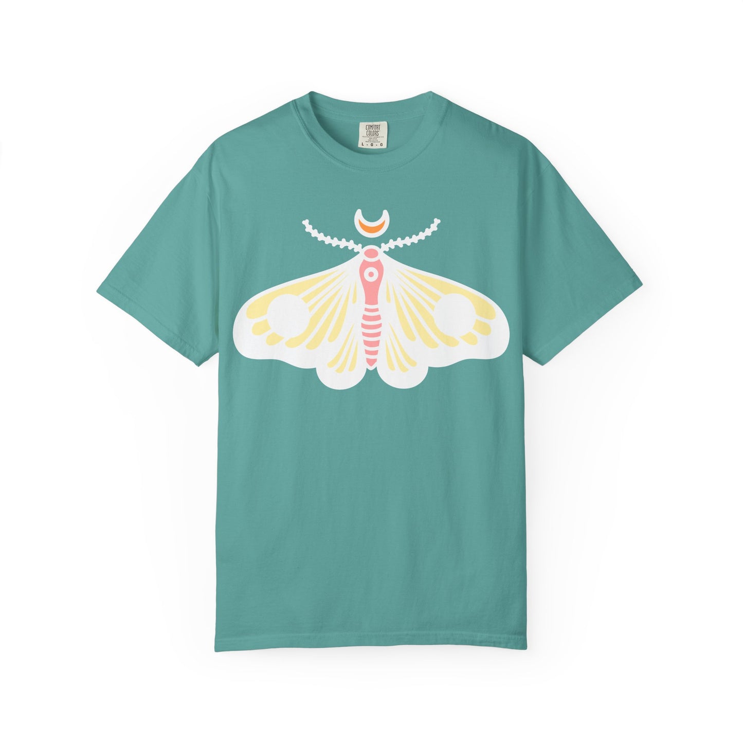 Celestial Moth T-shirt | Pink Yellow Moth with Crescent Moon